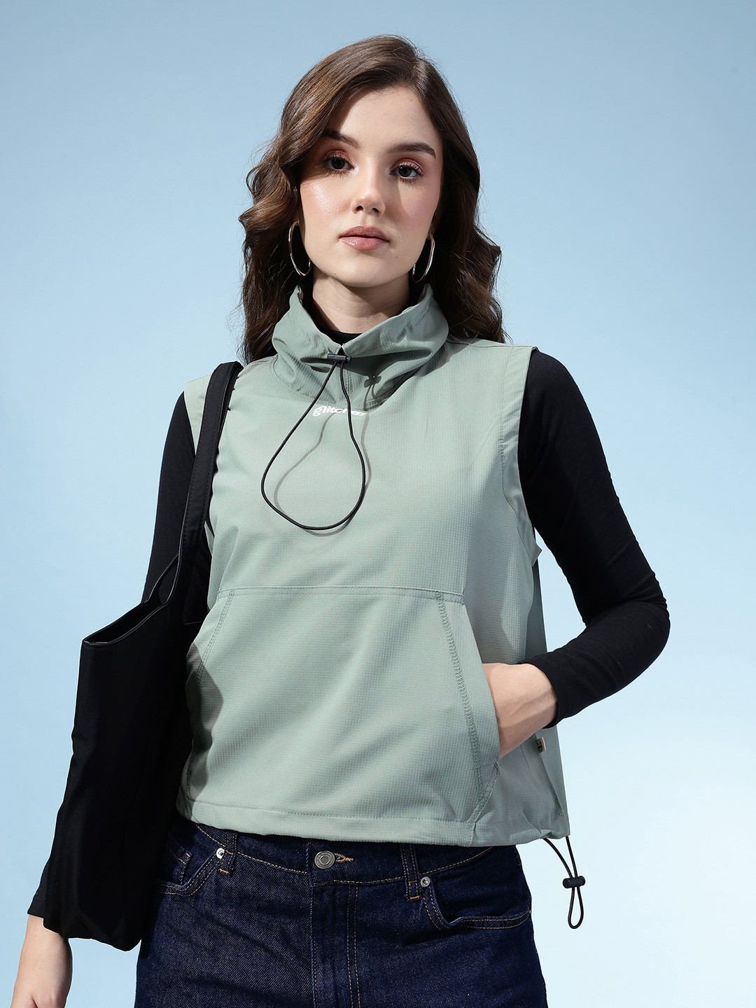 glitchez High Neck Sleeveless Crop Windcheater Tailored Jacket with Toggled Hem and Neck