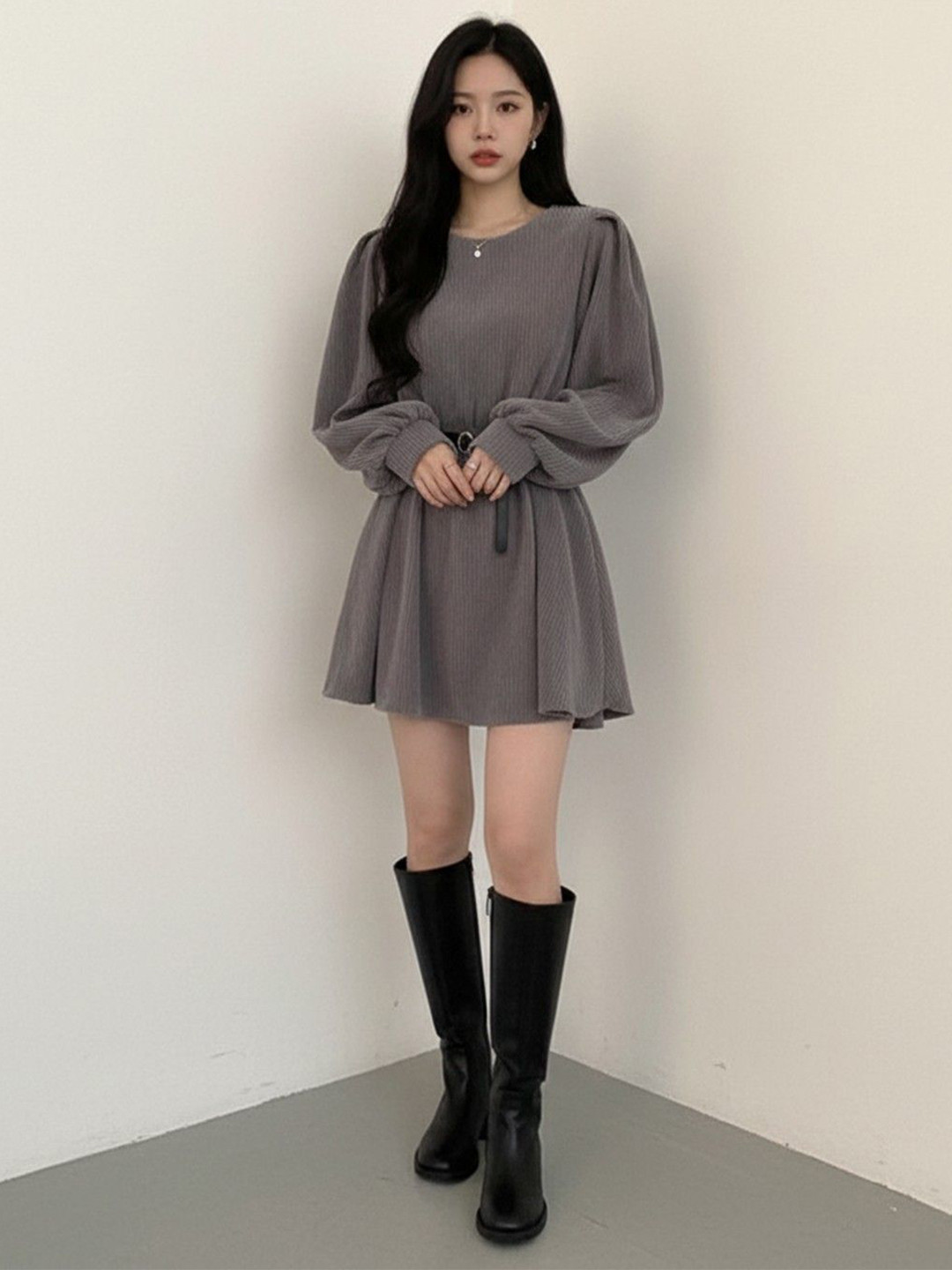 HERE&NOW Women Self Design Round Neck Long Sleeve Fit and Flare Dress