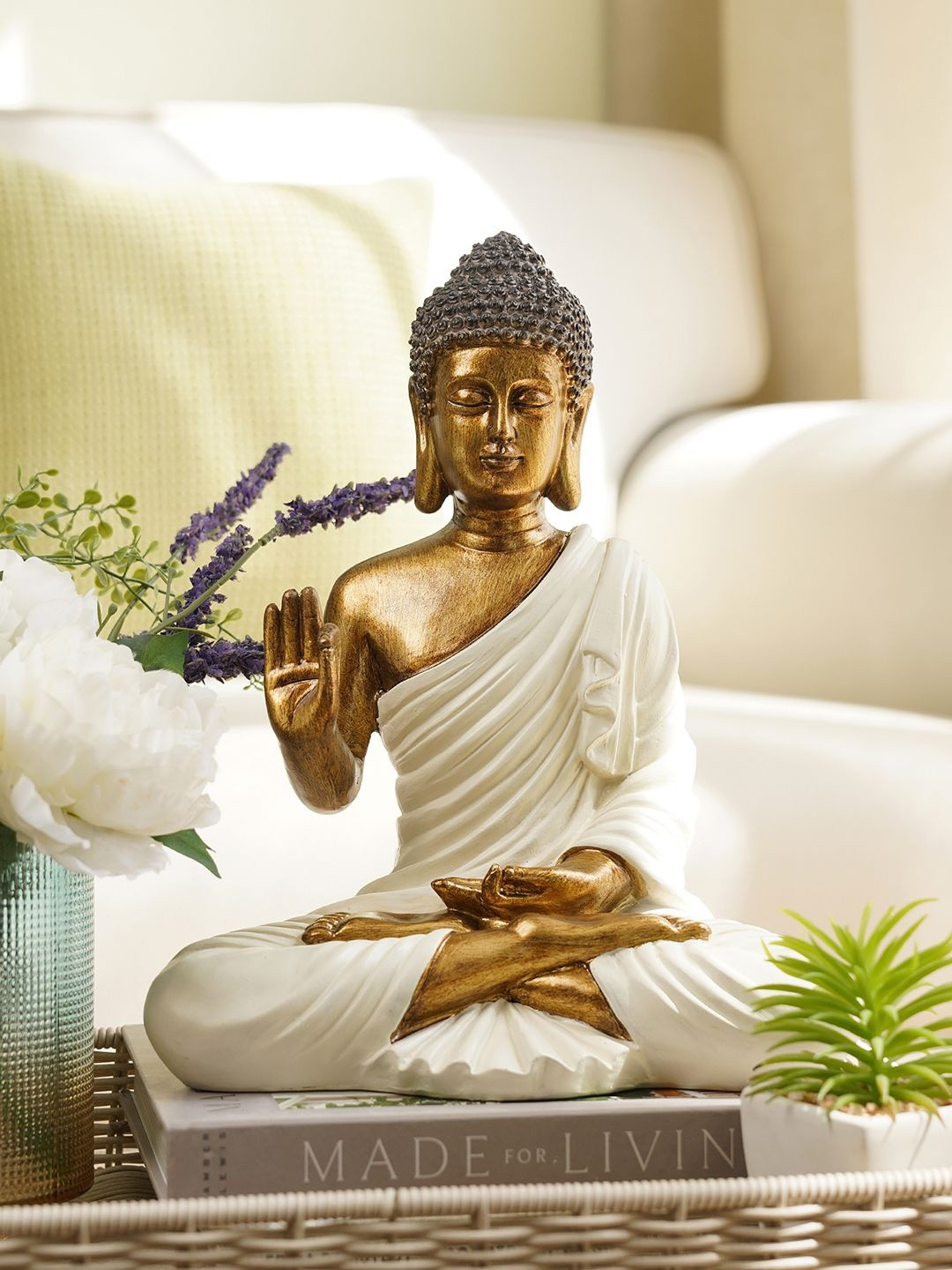 Pure Home and Living Gold-Toned & White Sitting Buddha Idol Showpiece