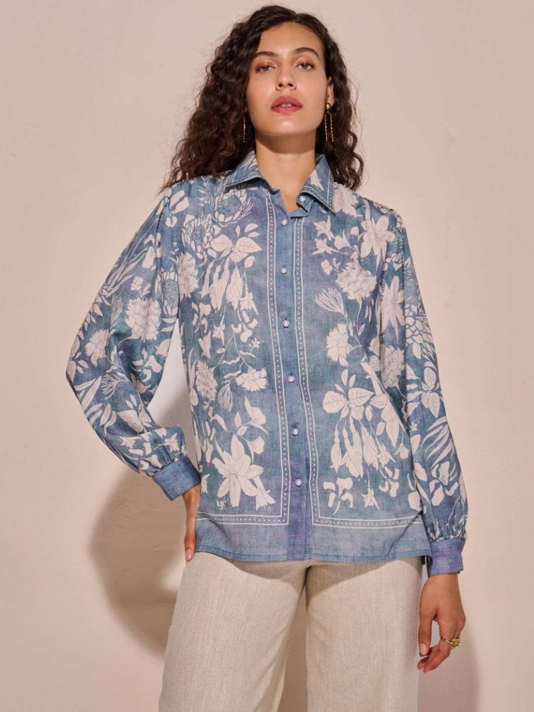 Style Island Women Floral Print Shirt Collar Long Sleeves Cotton Top