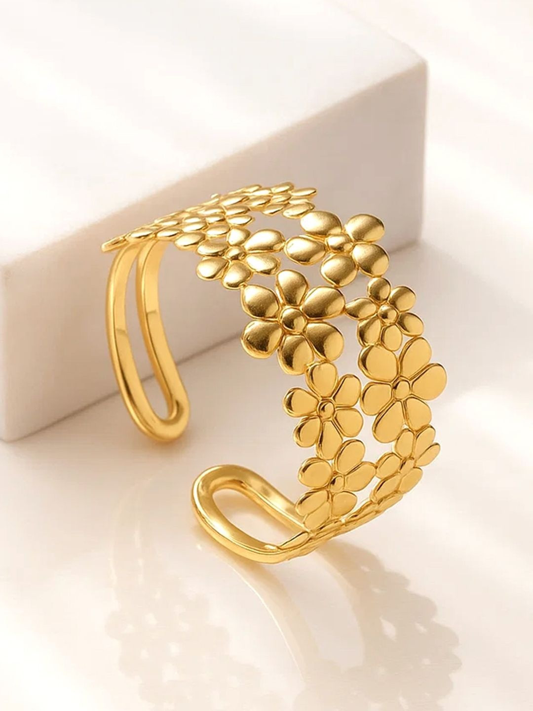 Women 22K Gold-Plated Floral Openwork Bold Statement Wide Cuff Bracelet