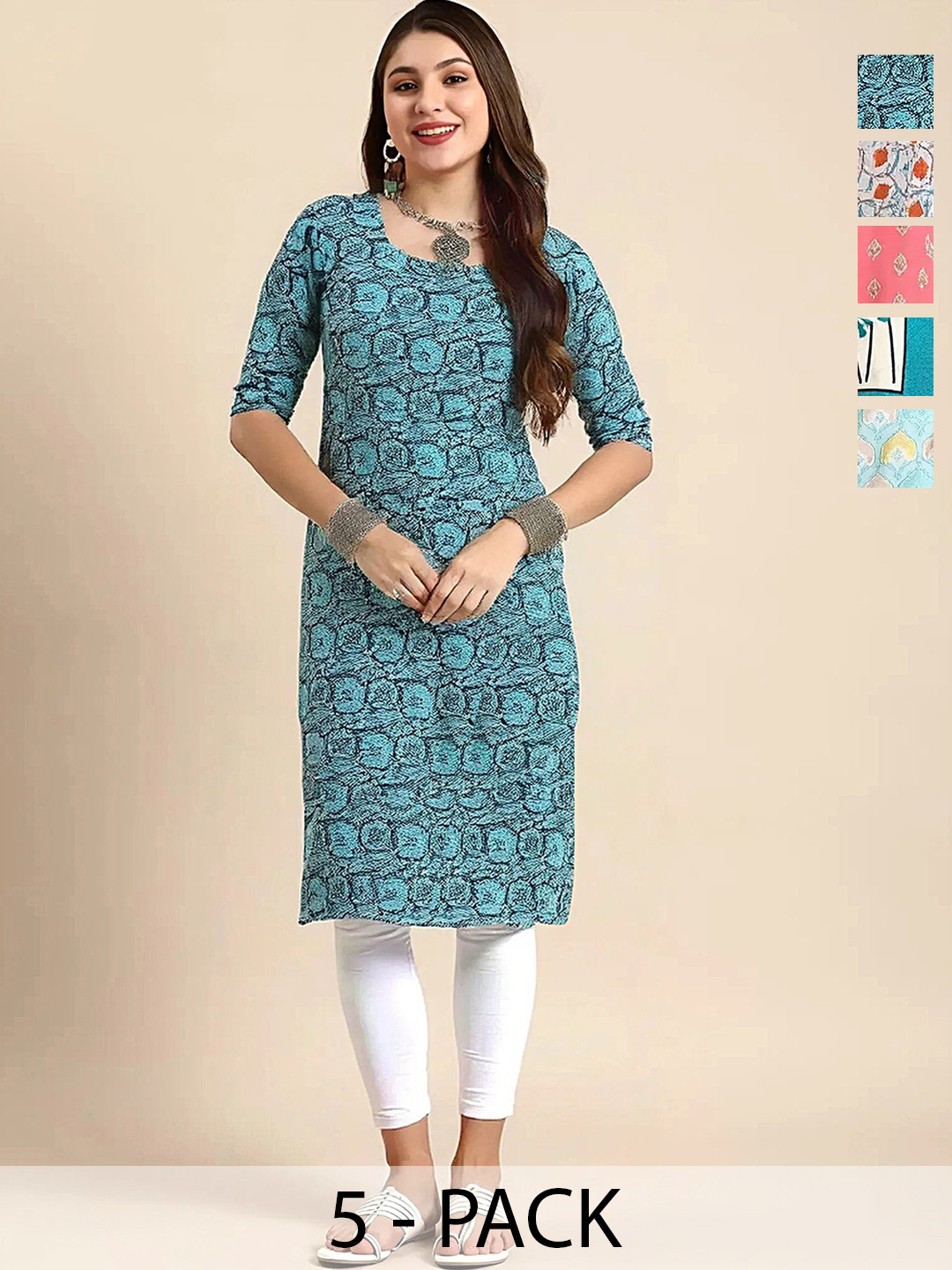 Ethnic basket Selection Of 5 Ethnic Motifs Printed Round Neck Straight Kurtas