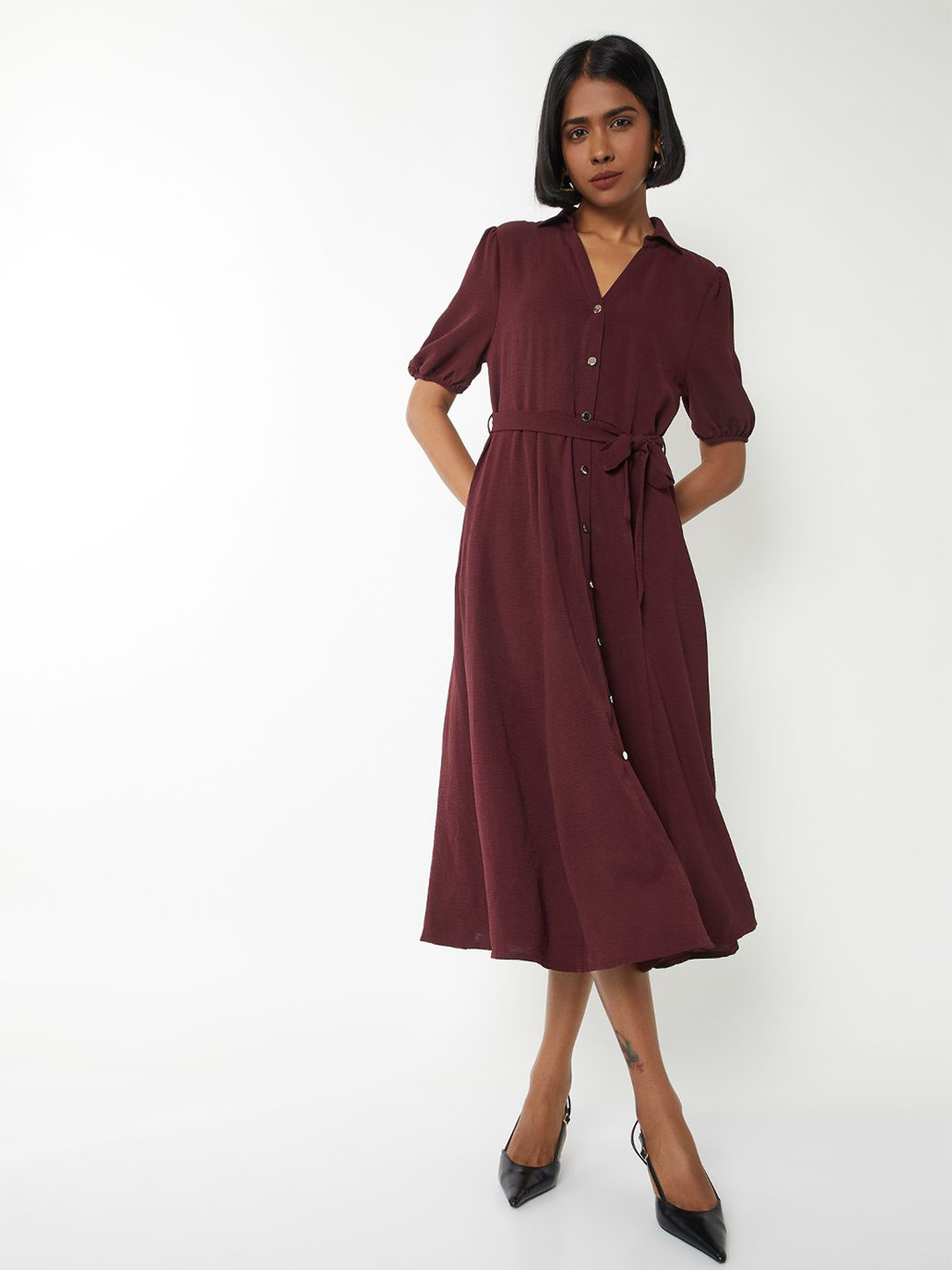 max Women Belted Puff Sleeve Shirt Collar Fit and Flare Midi Dress