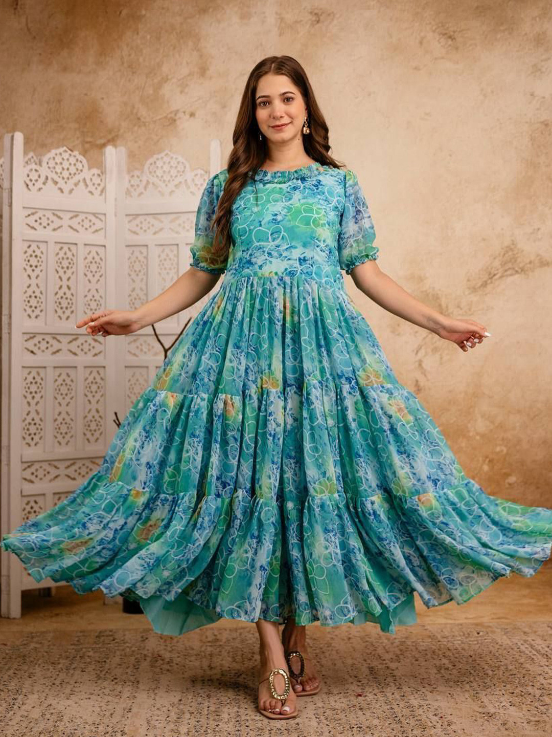 Yara Creation Women Floral Print Puff Sleeve Ruffled Maxi Dress
