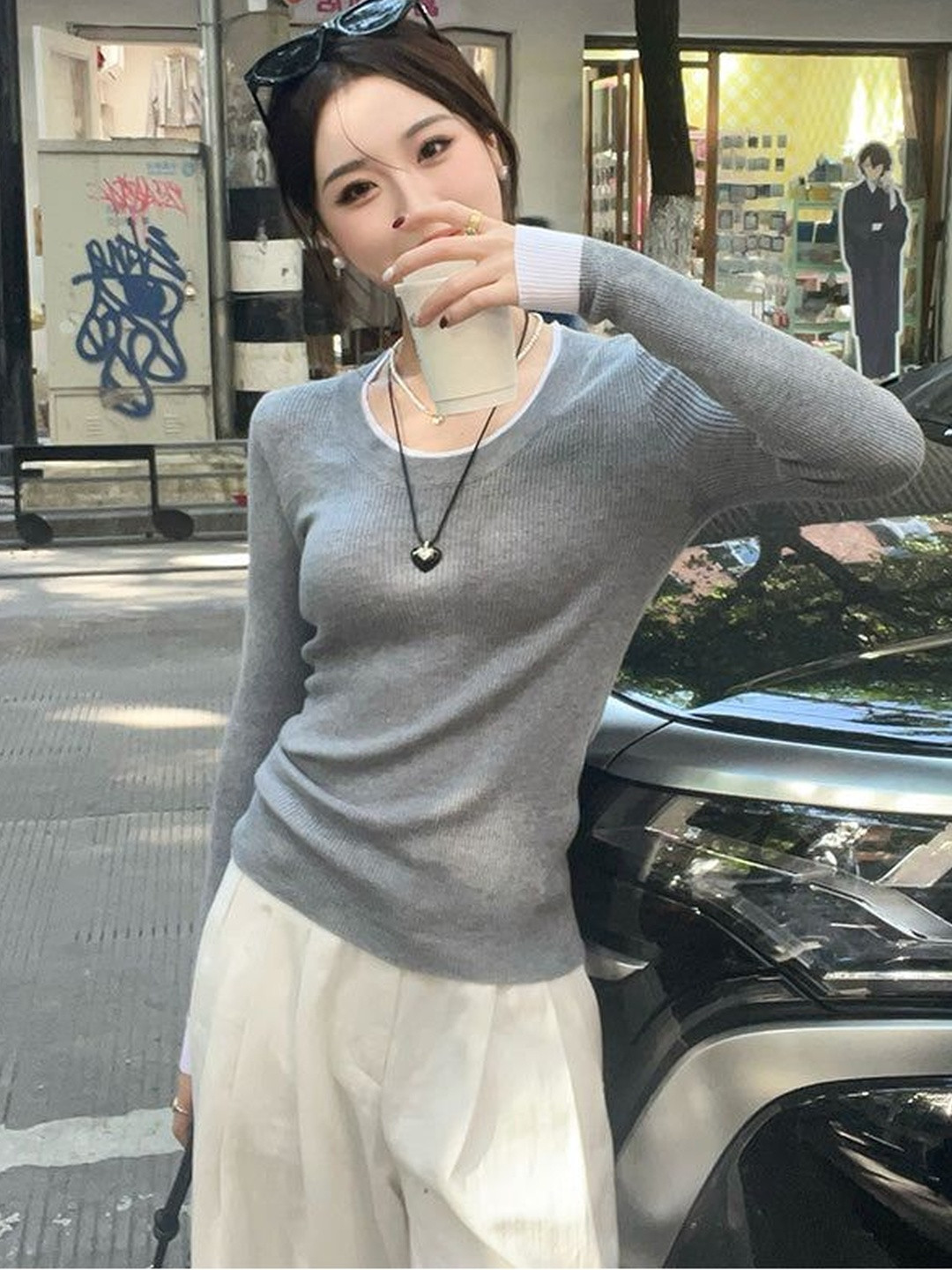 Outzidr Grey Ribbed Round Neck Long Sleeve Top