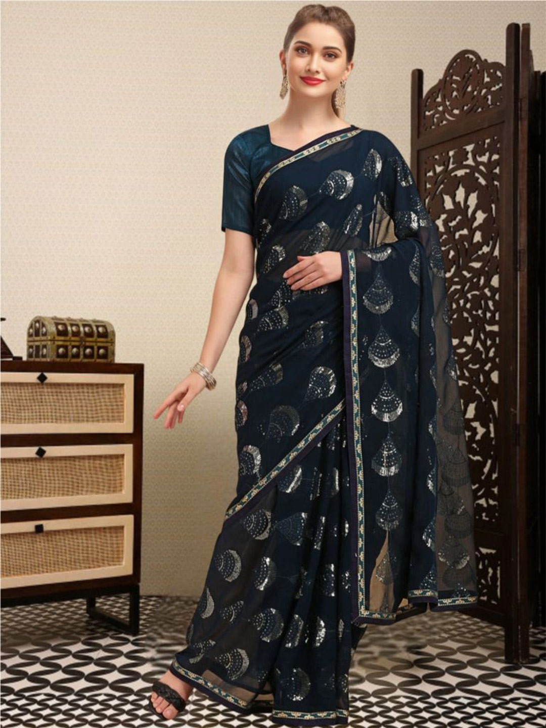 House of Pataudi Blooming Heavy Sequence Saree With Blouse