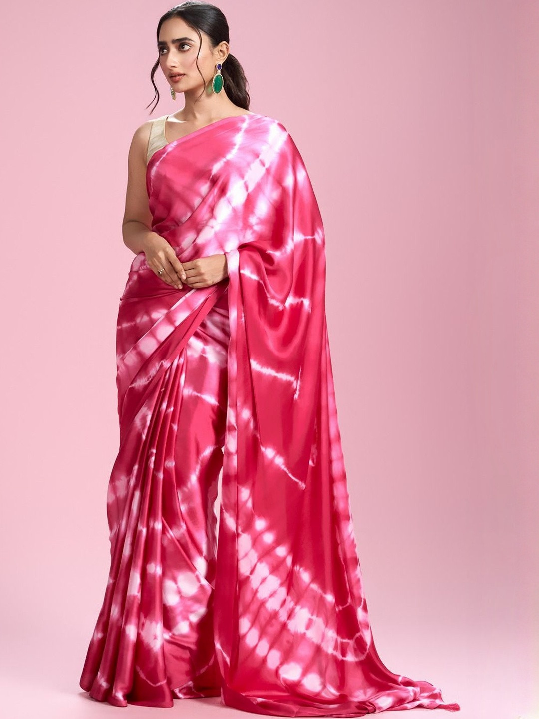 MOHEY Tie and Dye Satin Saree with Blouse Piece