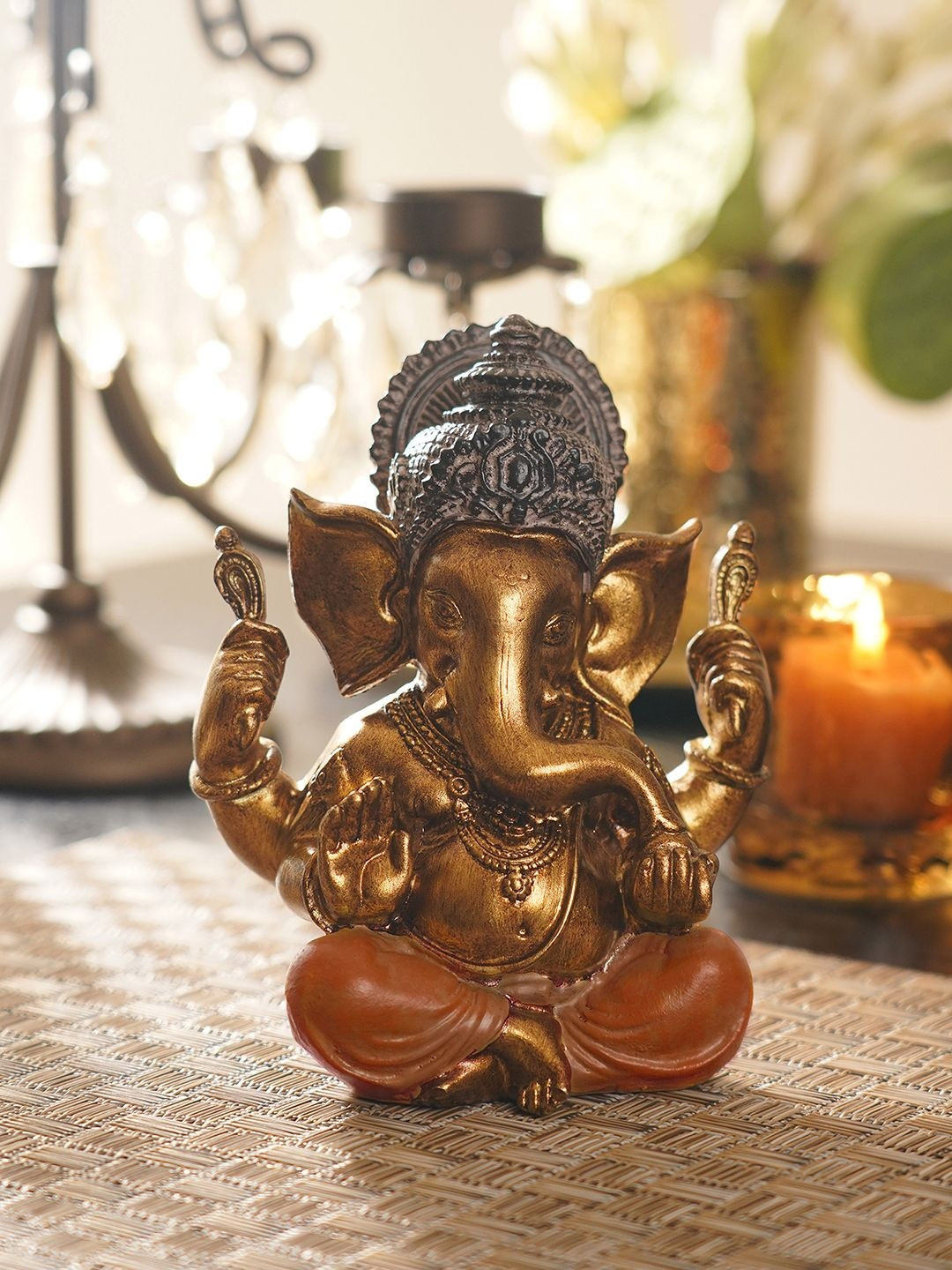 Pure Home and Living Gold-Toned & Orange Sitting Ganesha Religious Idol Showpiece