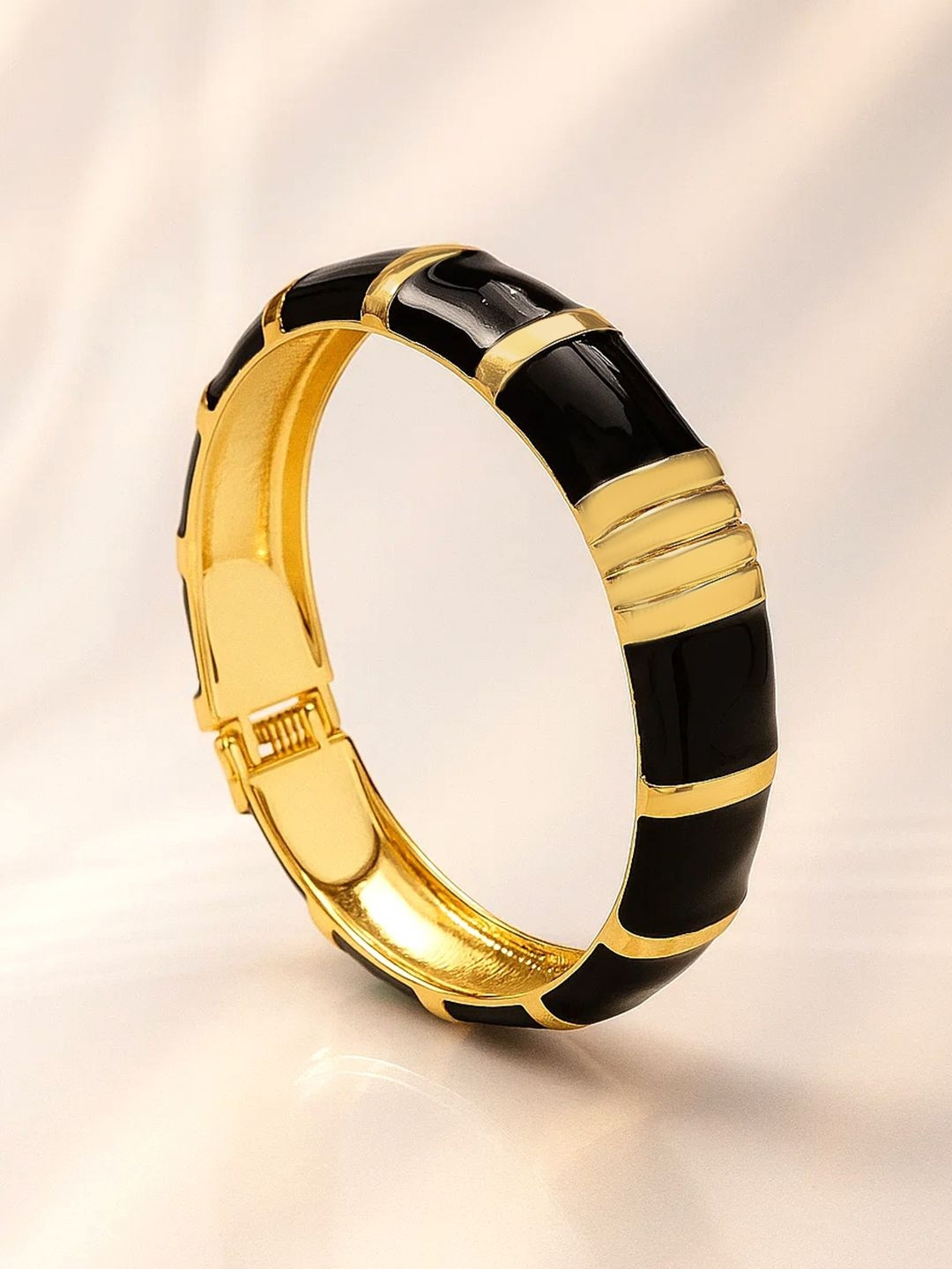 Rubans 22K Gold-Plated Brass Segmented Glossy Black Enamel Bold Statement Bangle Bracelet
