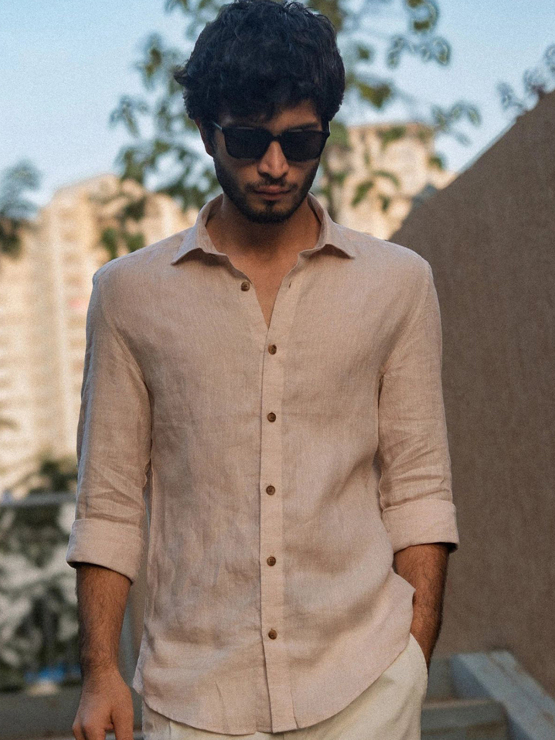 STAN EDITION Men Classic Tailored Fit Solid Spread Collar Linen 70 Lea Casual Shirt