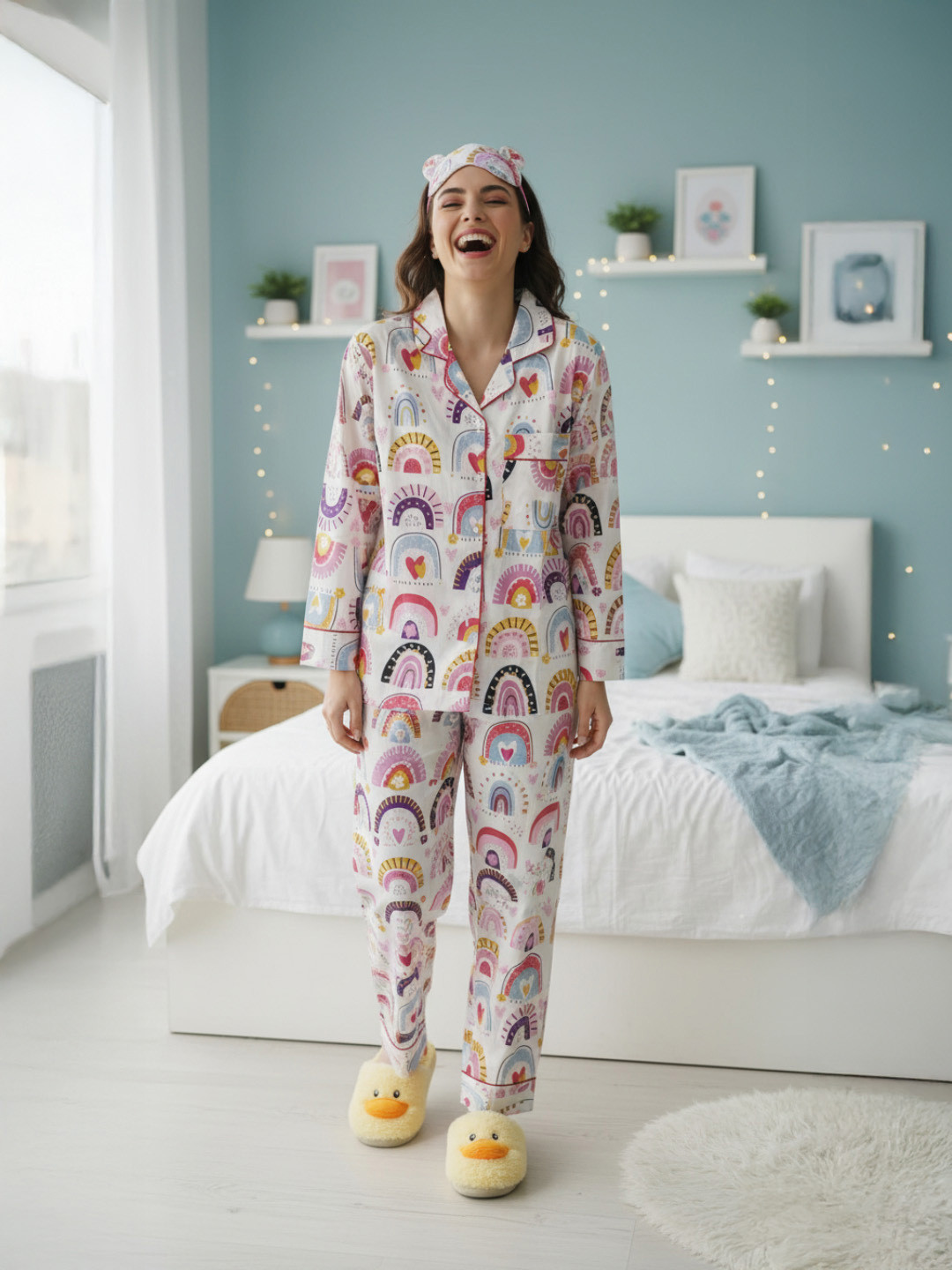 MASU LIVING Graphic Printed Pure Cotton Lapel Collar Night suit