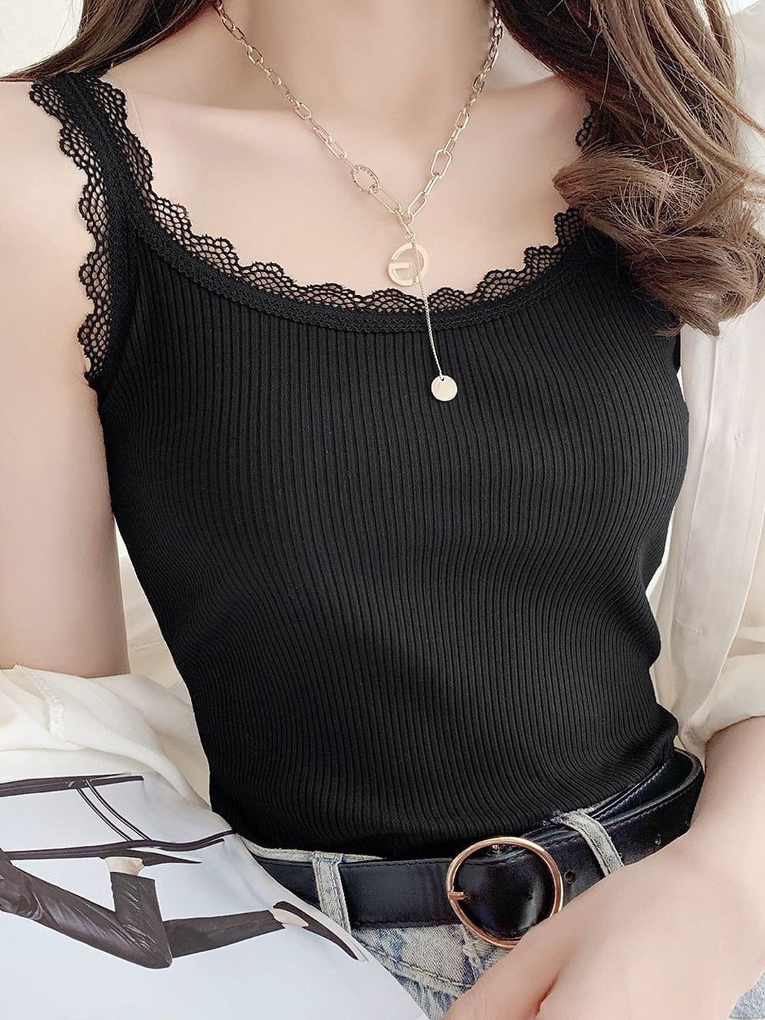 Outzidr Women Black Ribbed Ruffles Tank Top