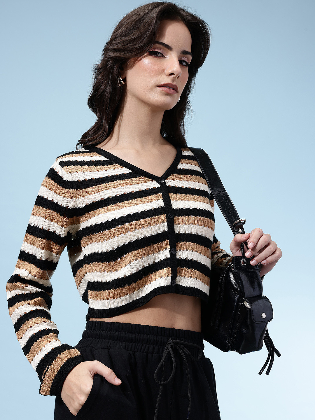 glitchez Open Knit V-Neck Cropped Acrylic Cardigan