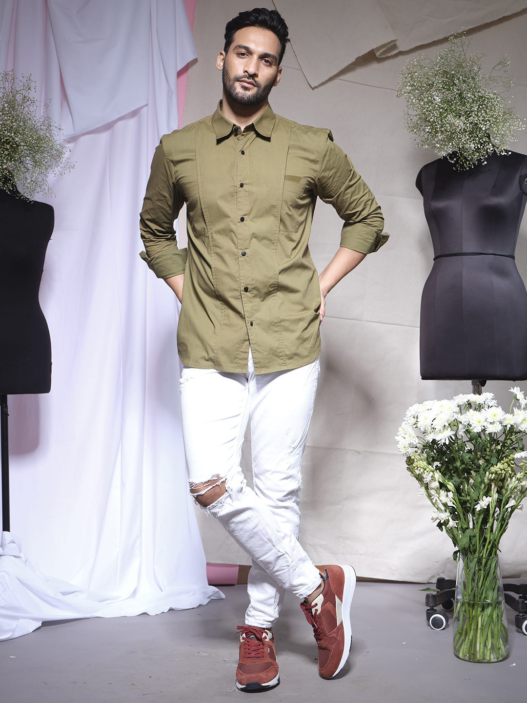 ECHKE Men Standard Fit Solid Spread Collar Cotton Zara Casual Shirt