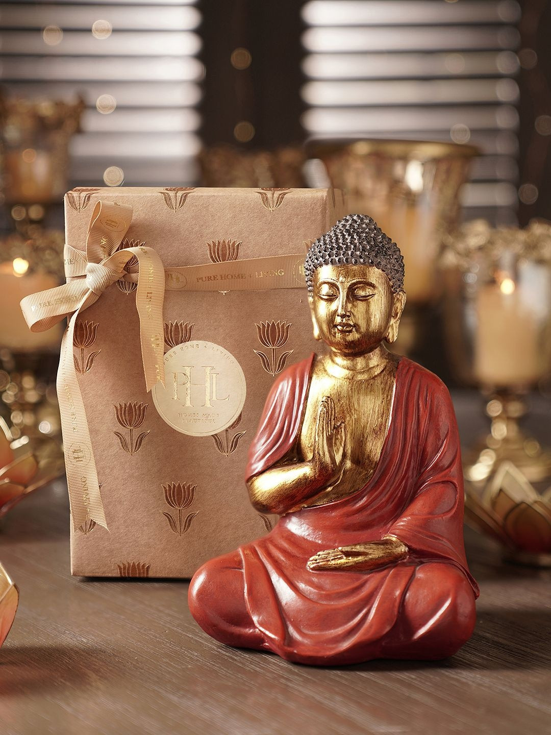 Pure Home and Living Gold-Toned & Red Antique Sitting Buddha Idol Showpiece