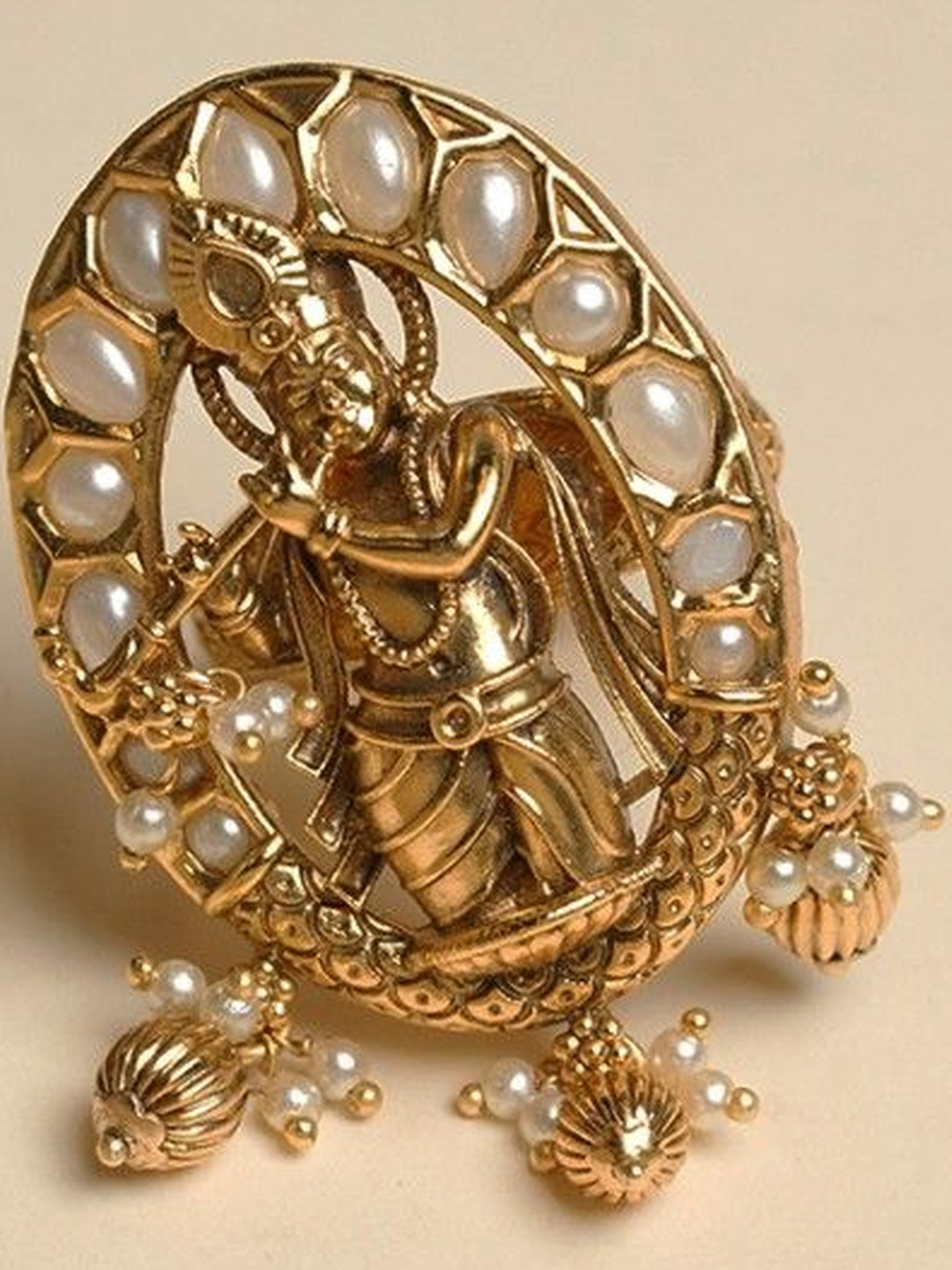 CAO Jewellery Artificial Stones Studded & Pearls Beaded Antique Lord Krishna Finger Ring