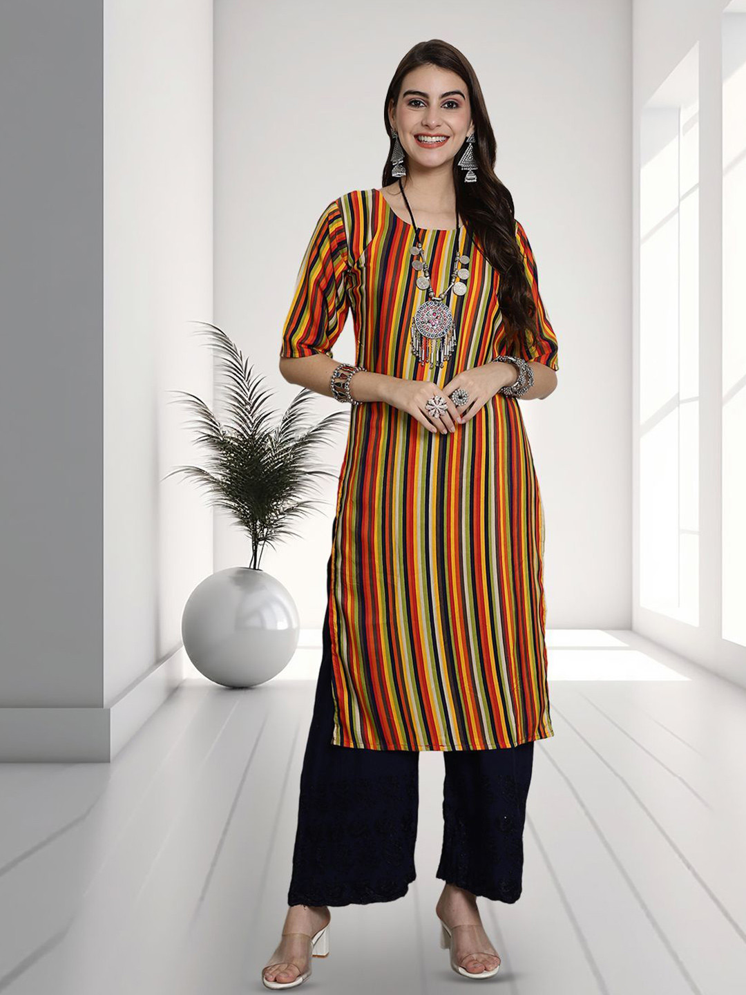 Ethnic basket Striped Round Neck Regular Sleeves Straight Kurta