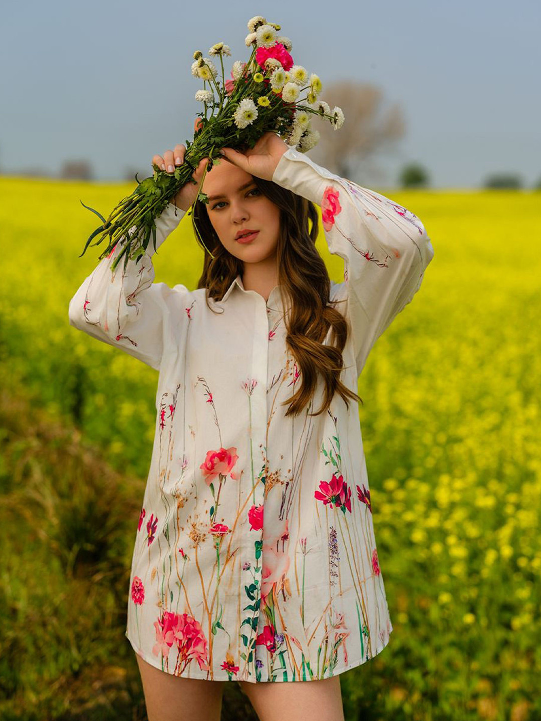 AFRIYA Women Comfort Relaxed Fit Floral Printed Spread Collar Cotton Meadow Casual Shirt