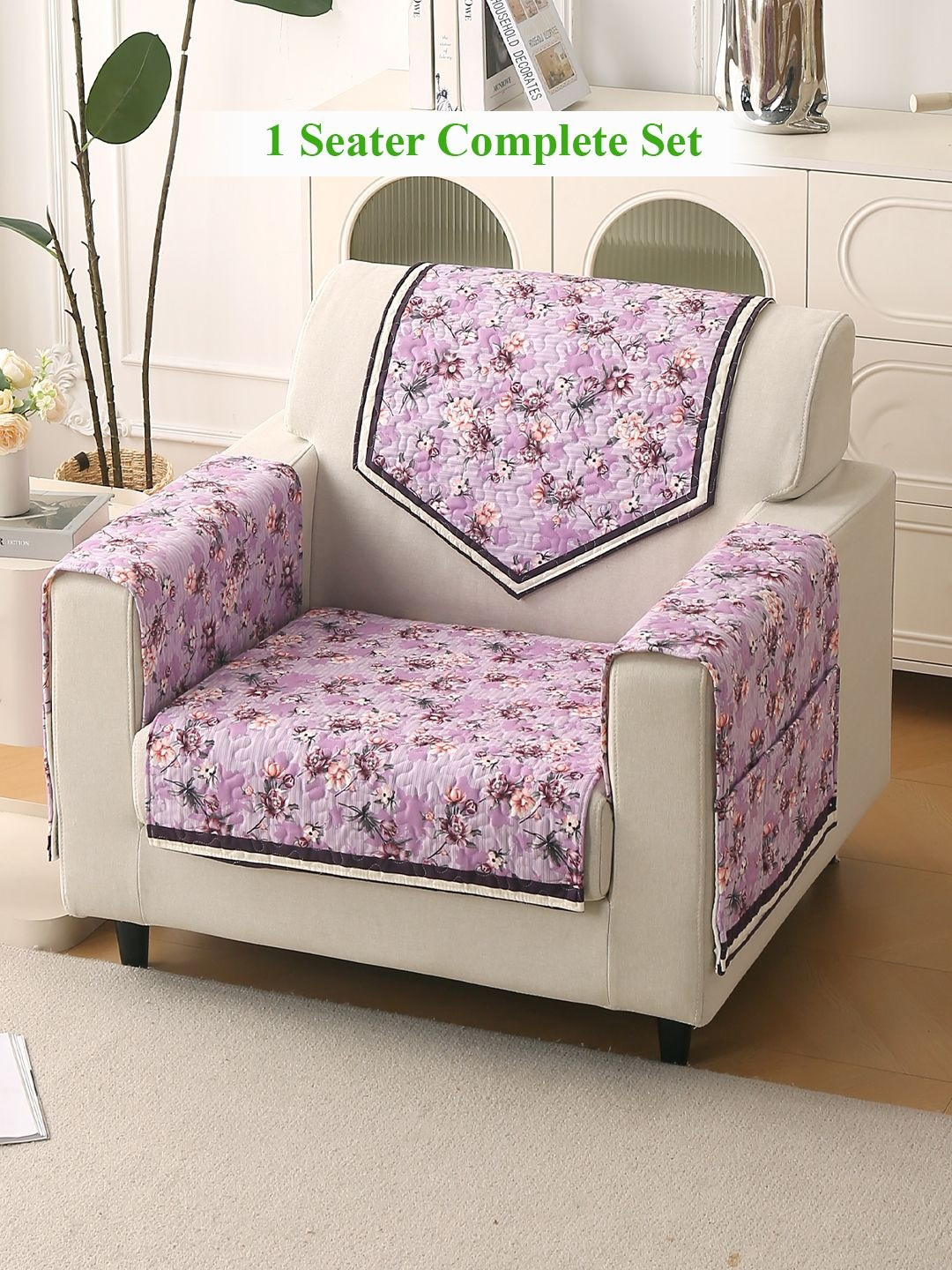 HOKIPO Florentina Series Peony Lavender 4 Pieces 1 Seater Complete Sofa Cover Set