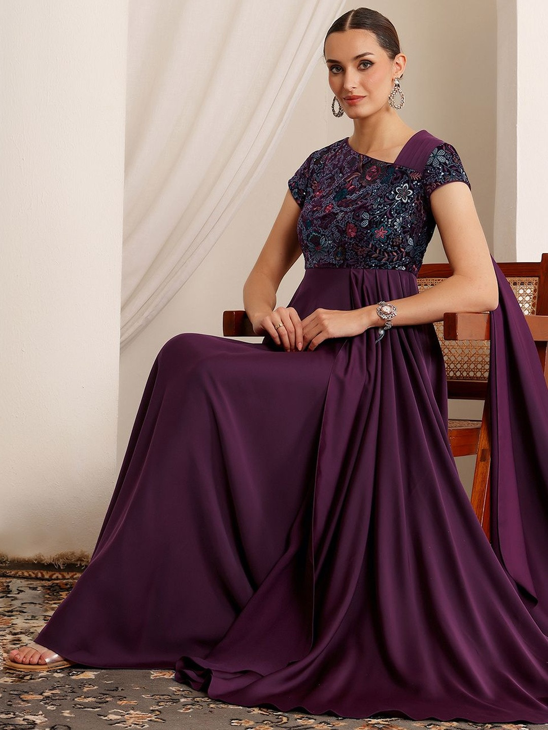 Miss Chase Women Asymmetric Draped Gown in Embroidered Luxe Satin