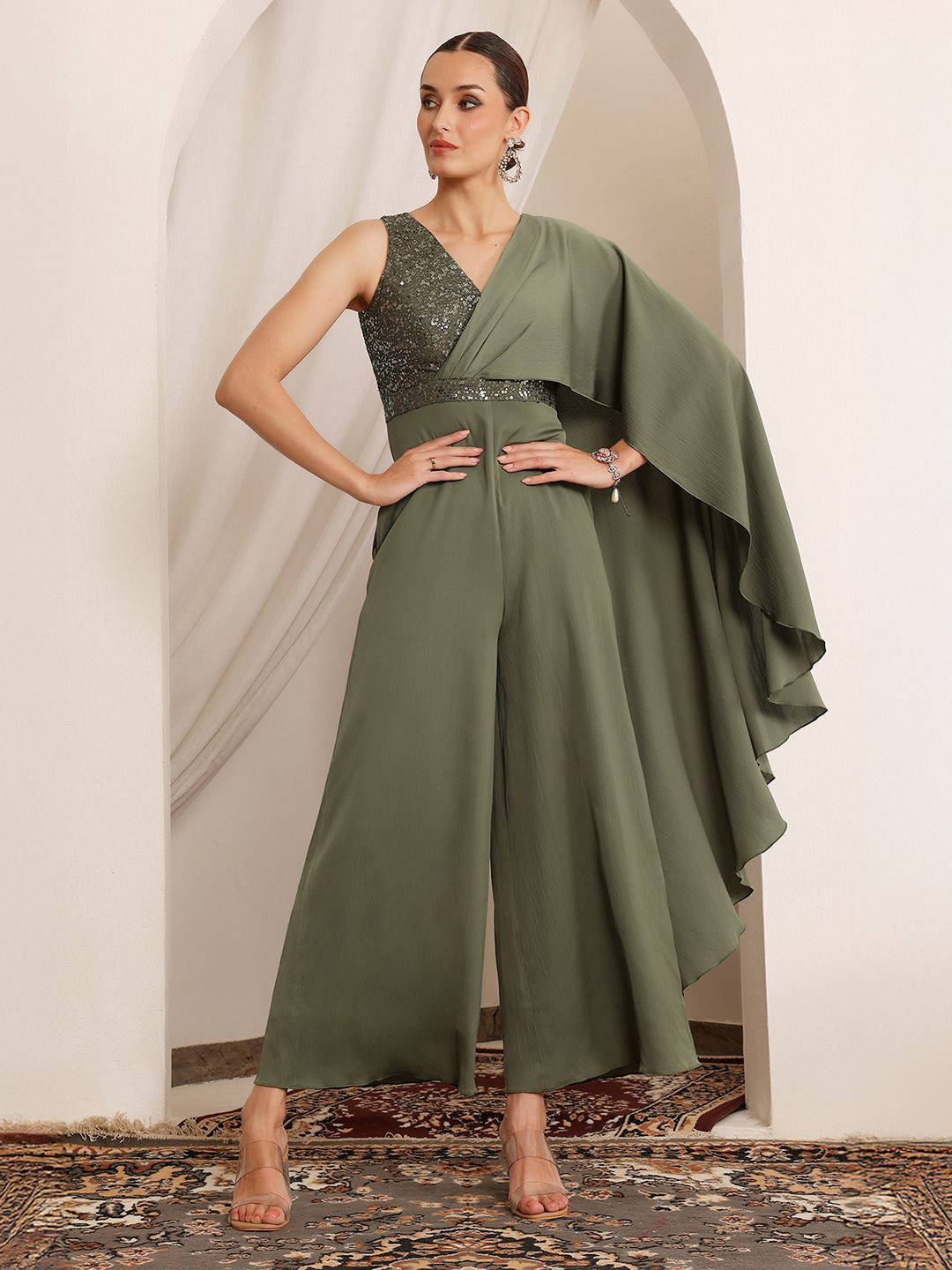 Miss Chase Women Embellished Satin Jumpsuit in Pale with Draped Pleats