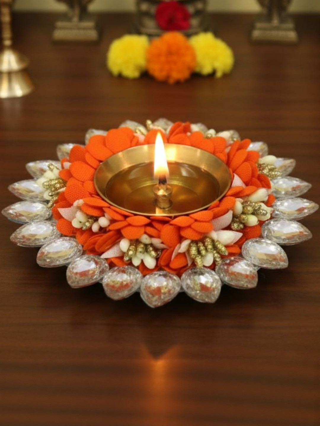 Tiny Shiny Orange & White 1 Piece Embellished Diya Candle