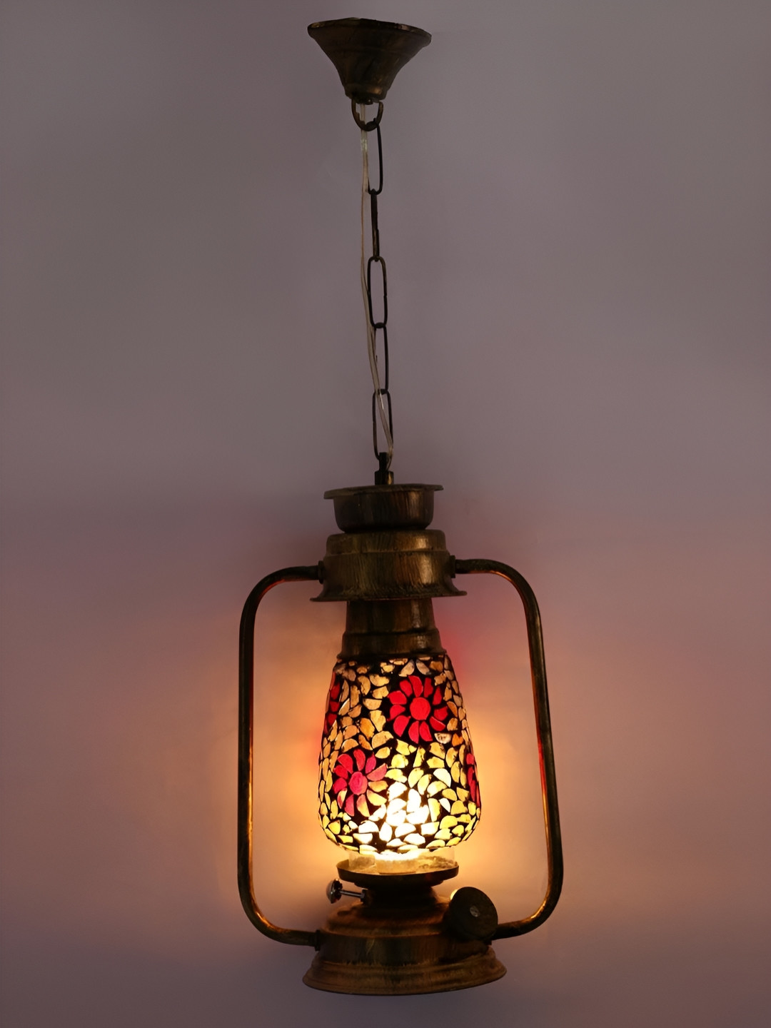SOMIL Gold-Toned & Red Textured Lantern Ceiling Lamp