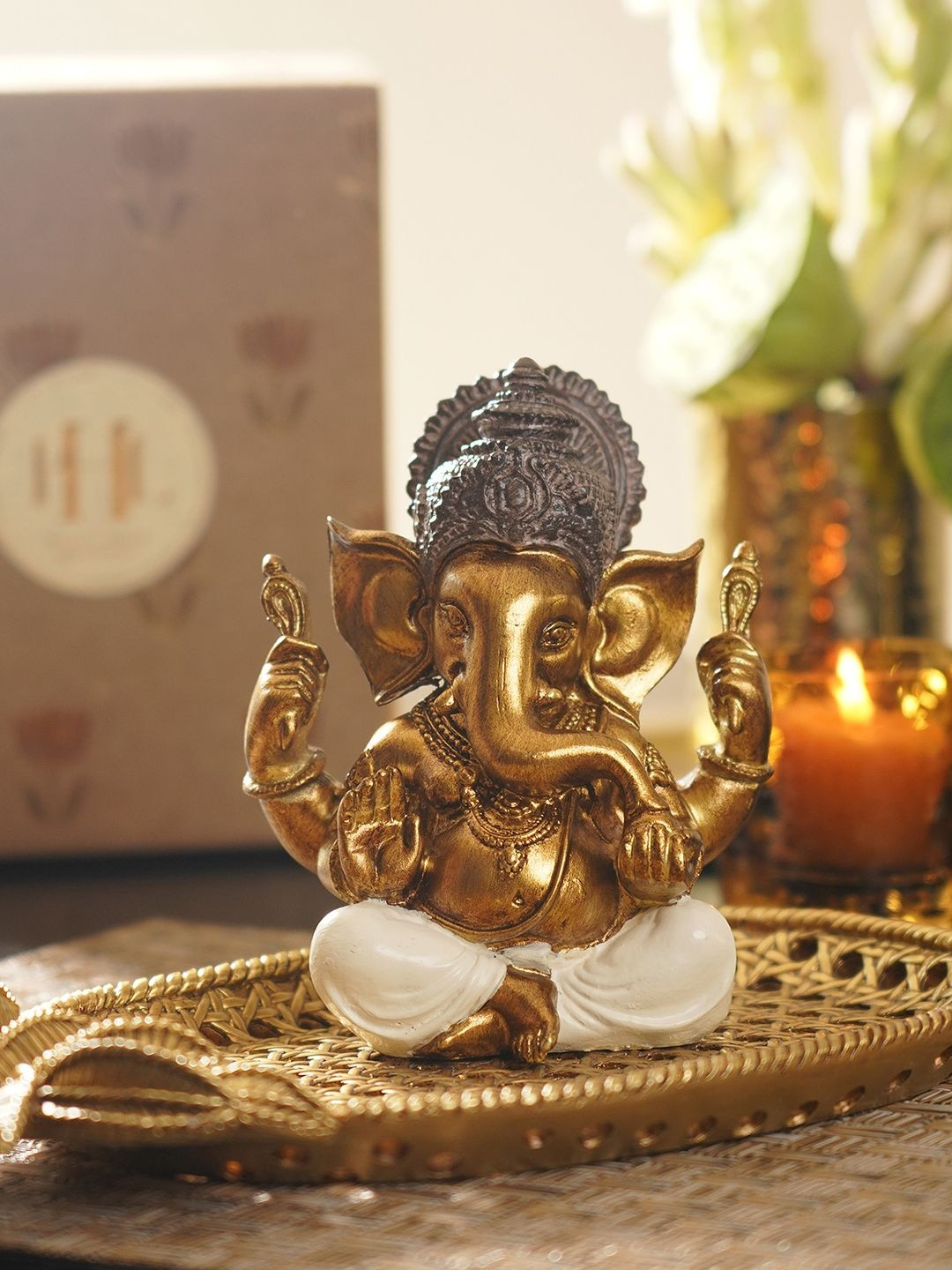 Pure Home and Living Gold-Toned & White Religious Sitting Ganesha Idol Showpiece