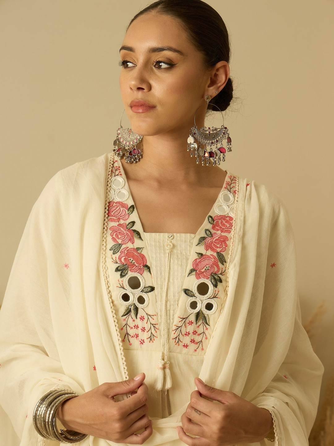 Anouk Women Floral Embroider Mirror Work Pure Cotton A-Line Kurta with Trousers & Dupatta