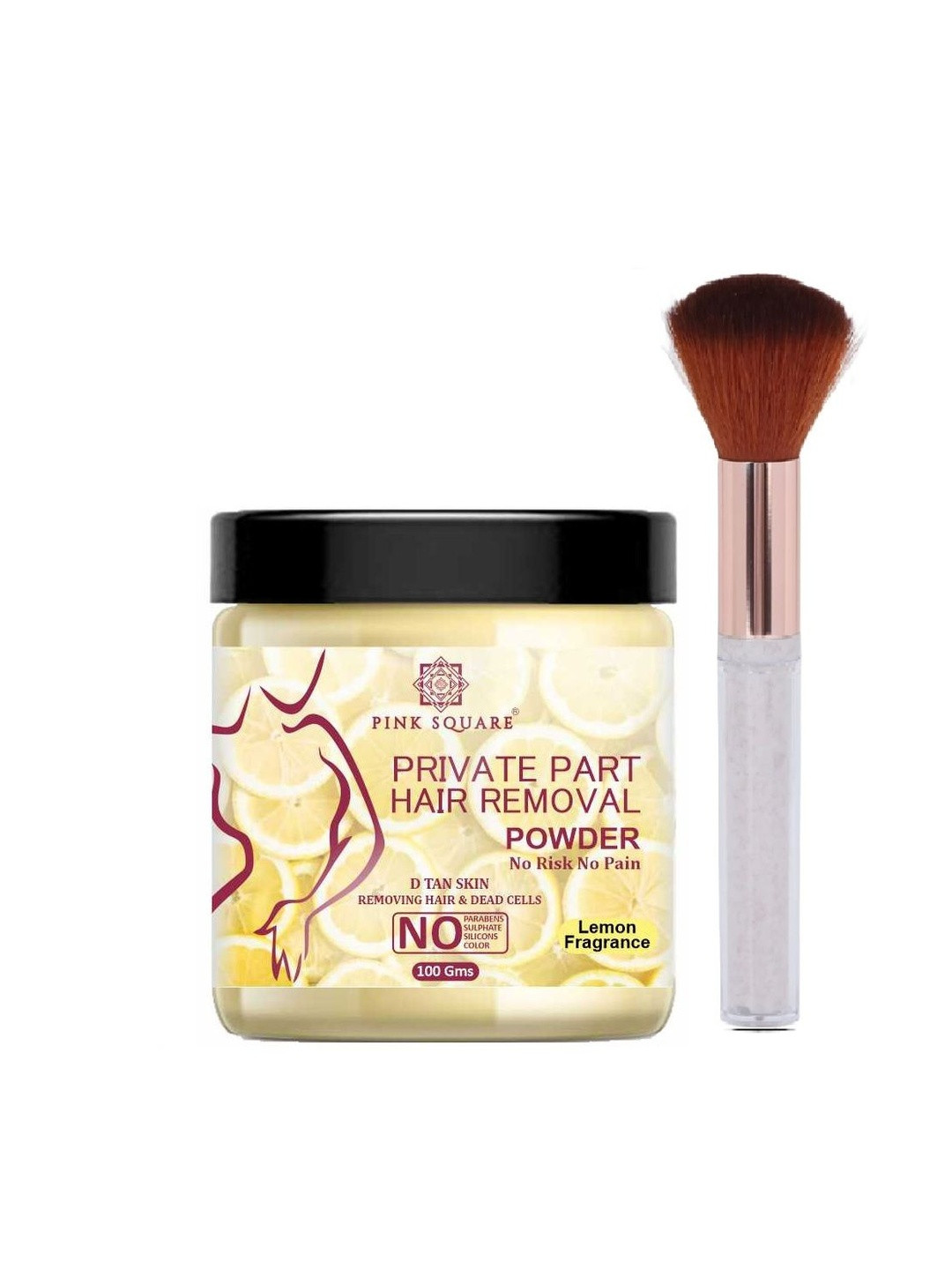 Pink Square Bikini Hair Removal Powder With Brush - Lemon - 100 g