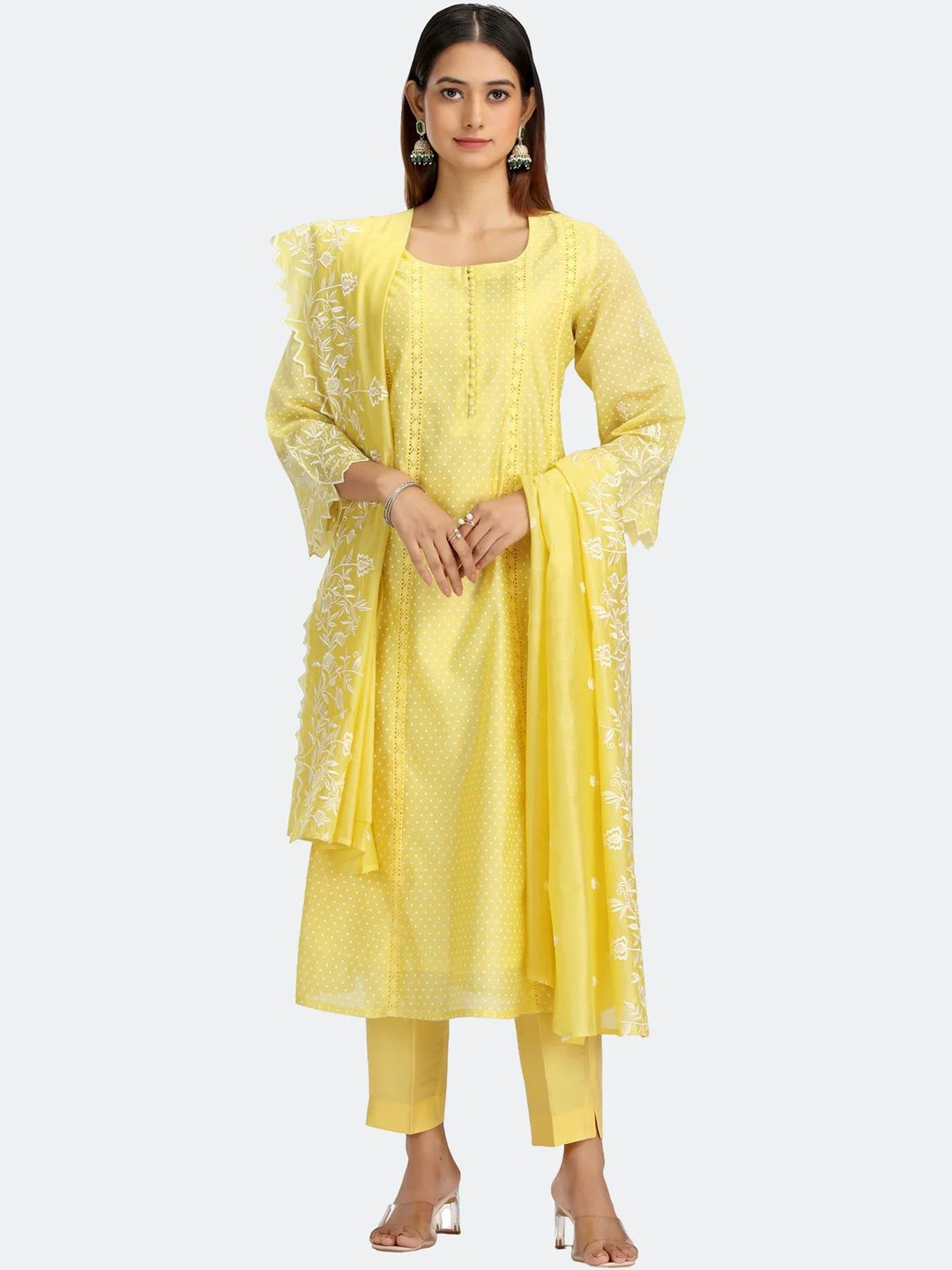 COTTON CULTURE Women Chanderi Embroidered A Line Kurta Pant and Dupatta Suit Set