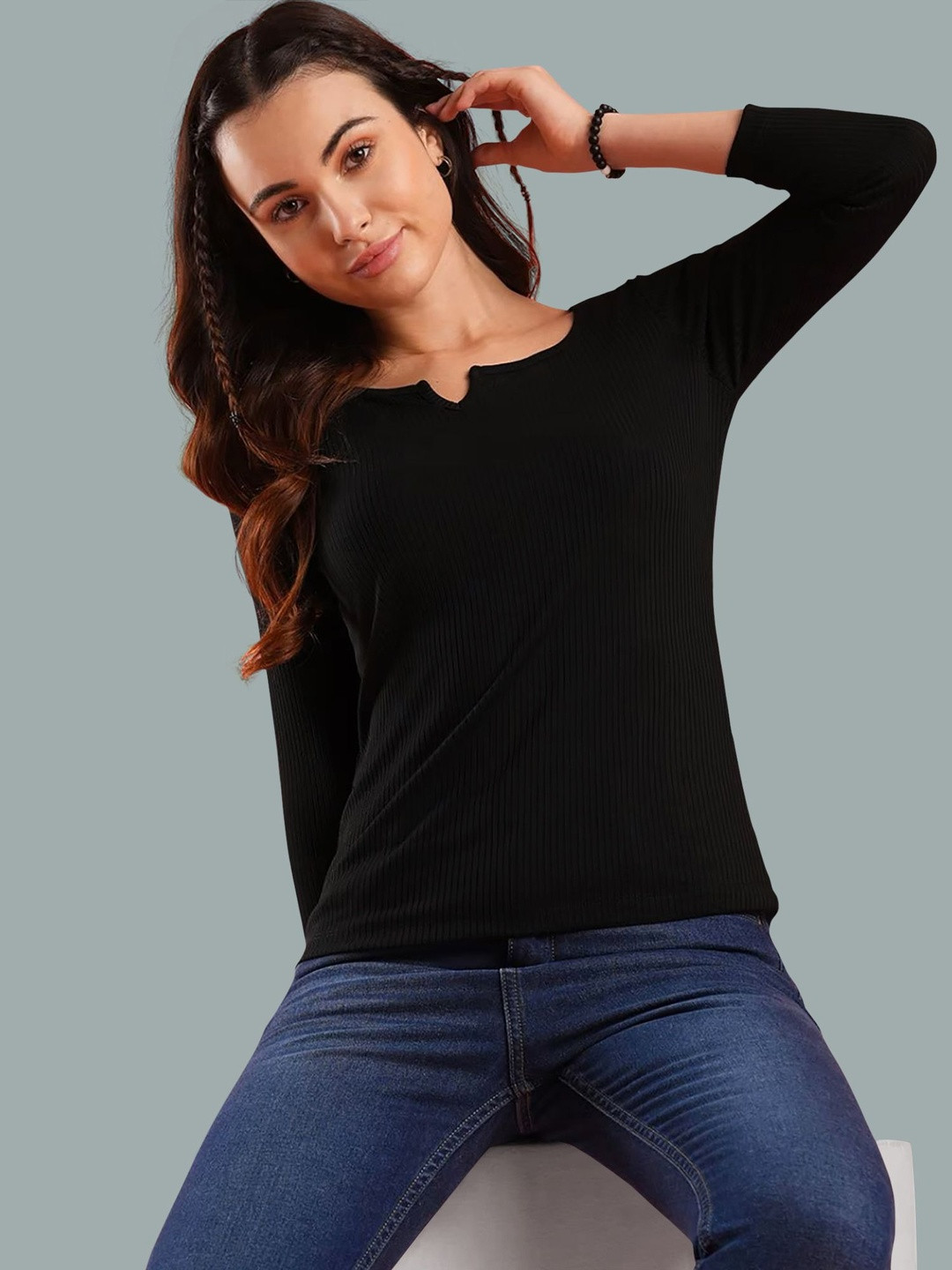 Maheshvi Women Ribbed Round Neck Three-Quarter Sleeves Fitted Top