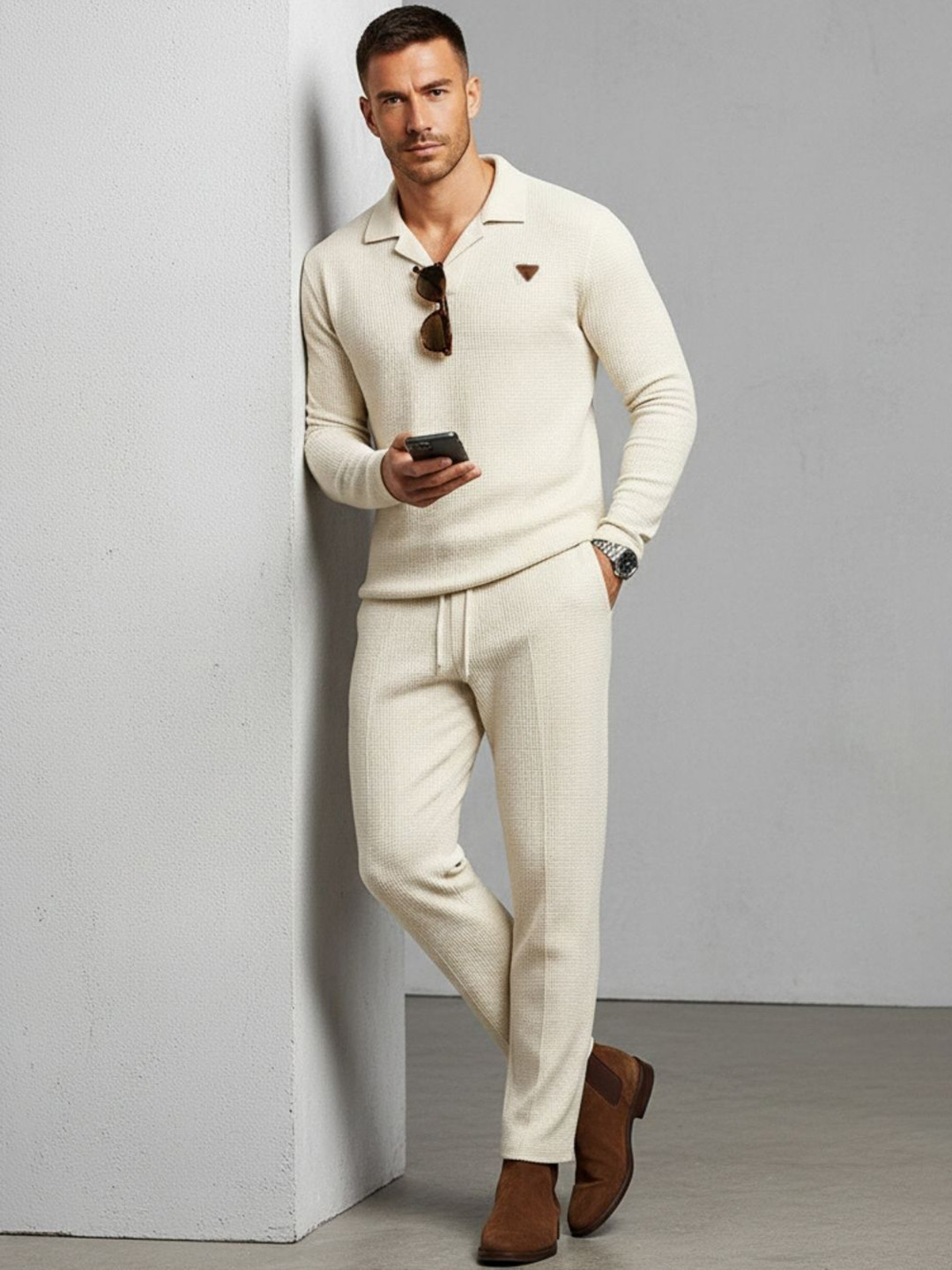 CHROME & CORAL Self Design Polo Collar T-Shirt With Trouser