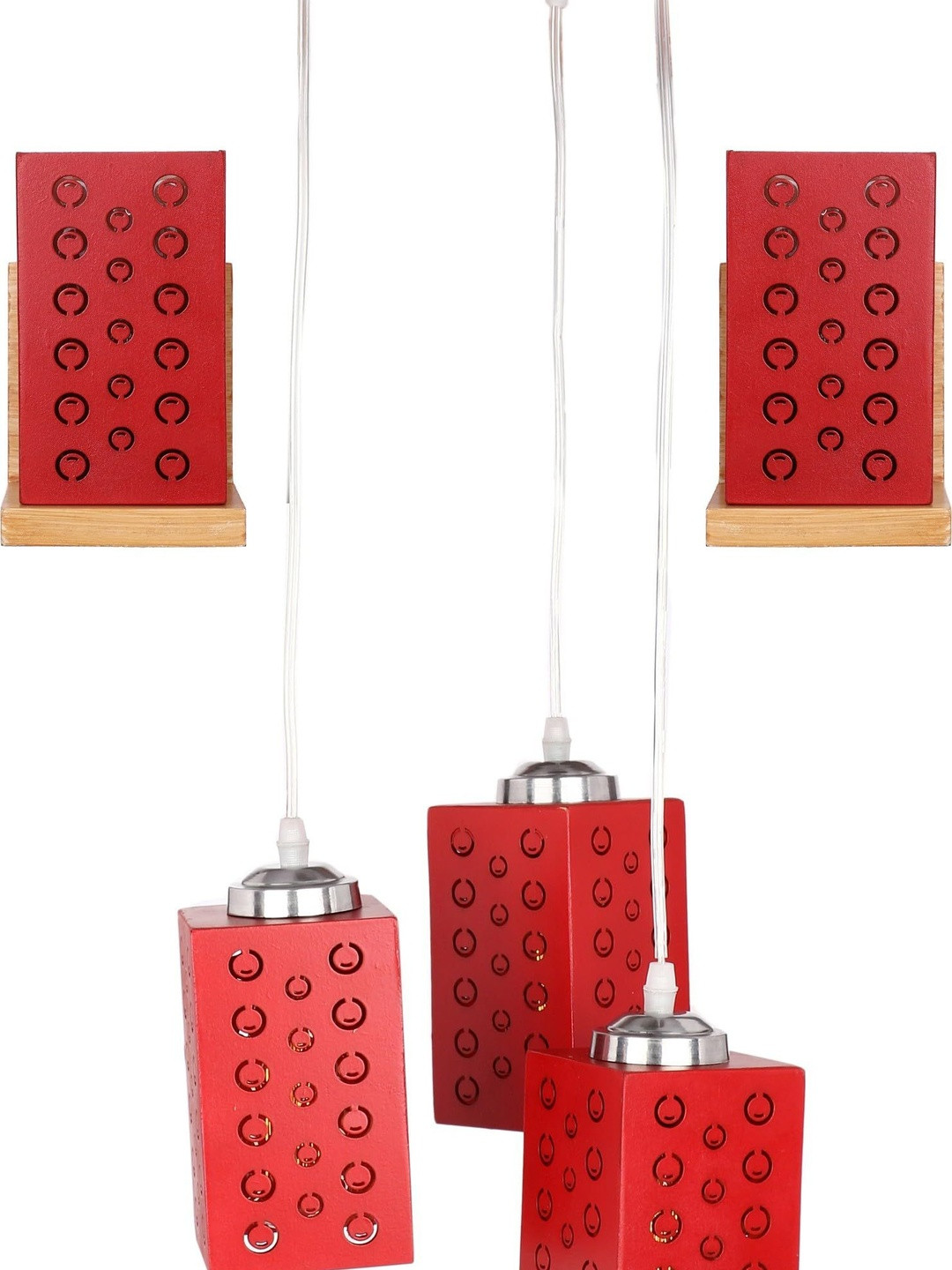 SOMIL Red & Brown 3 Pieces Textured Wooden Rectangle Shaped Wall & Ceiling Lamp Combo