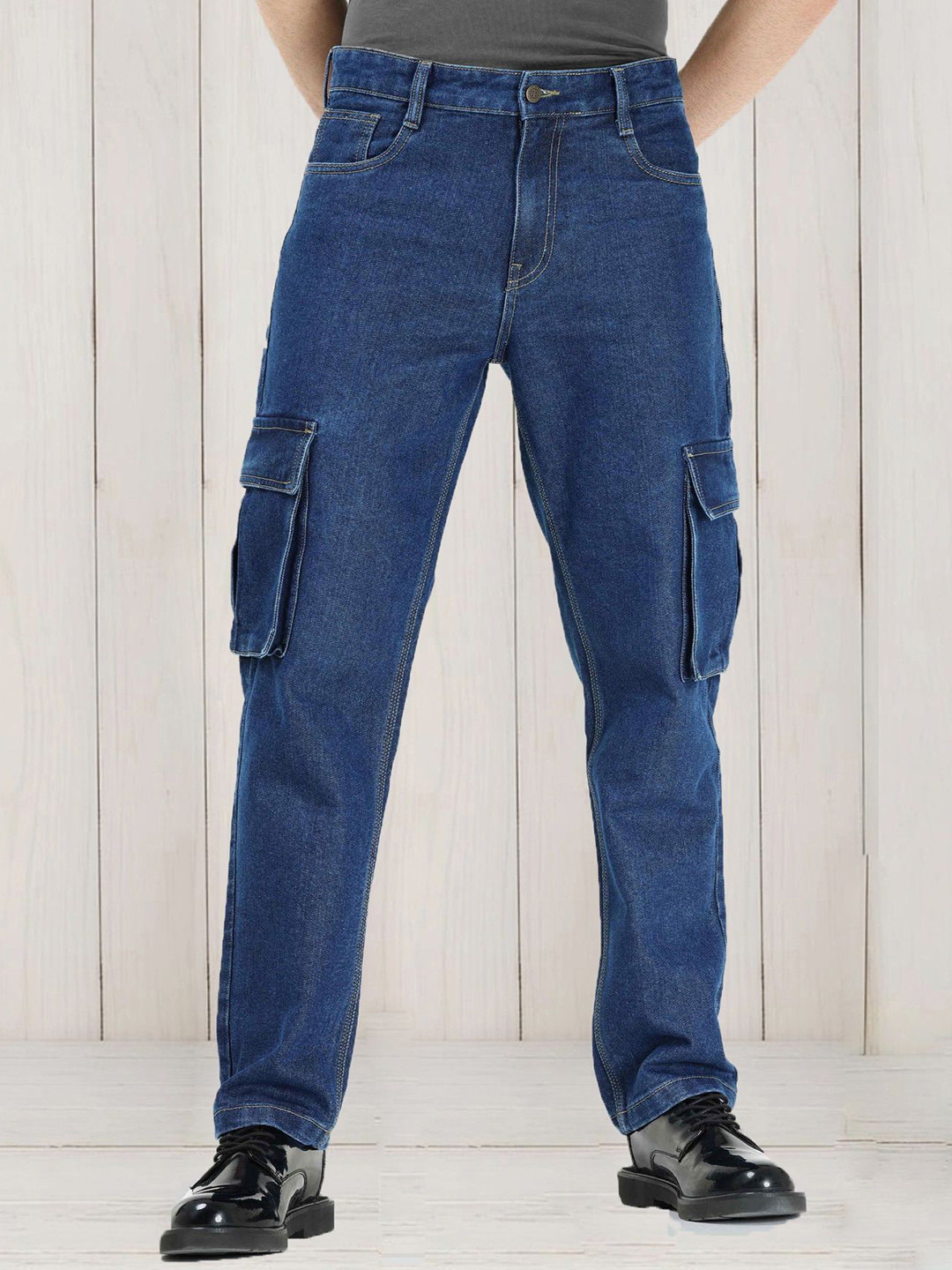 fineblu Men Slim Fit Mid-Rise Stretchable Plus Size Cargo Jeans