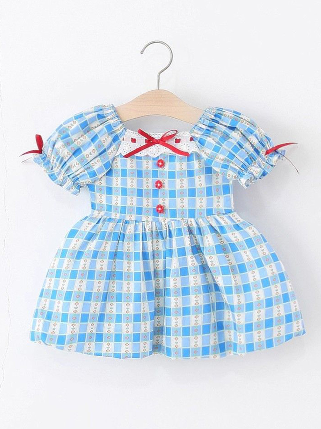 YK Girls Checkered Puff Sleeve Fit & Flare Midi Dress