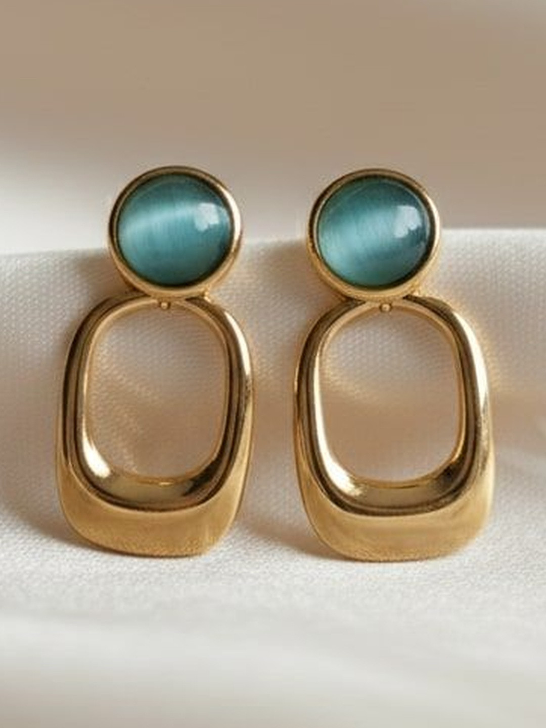 Omkar Jewels Gold-Plated Teal Stone Studded Geometric Shaped Drop Earrings