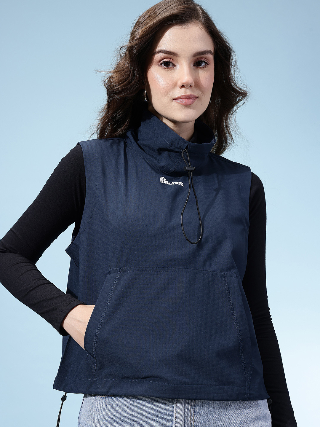 glitchez High Neck Sleeveless Crop Windcheater Tailored Jacket with Toggled Hem and Neck