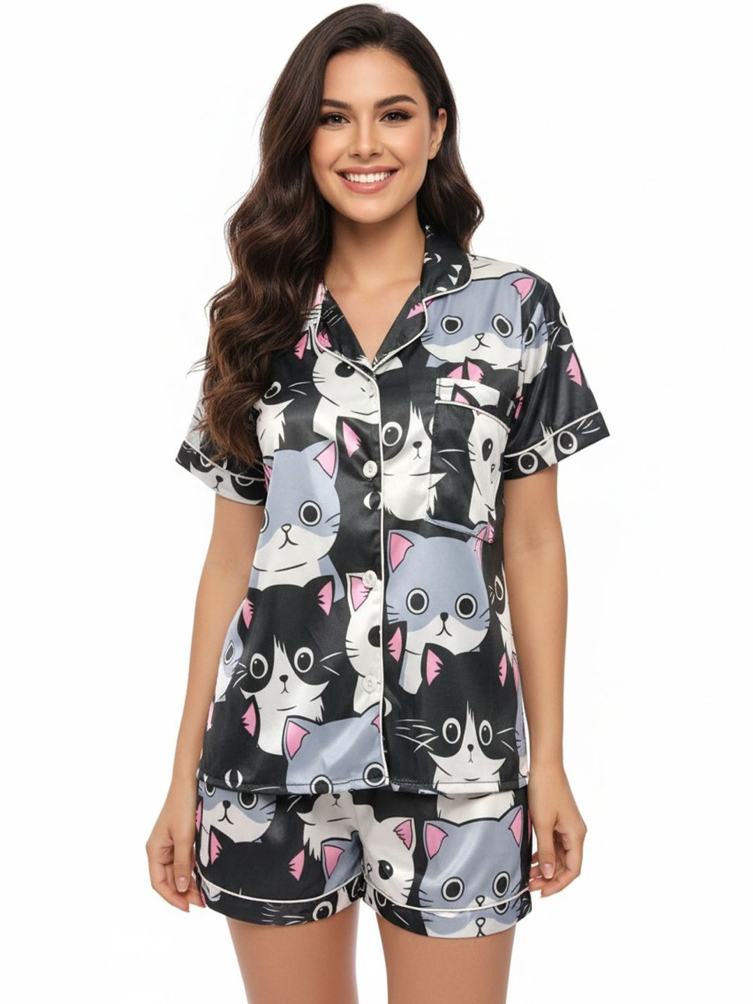 Beera Women Lapel Collar Animal Printed Night suit