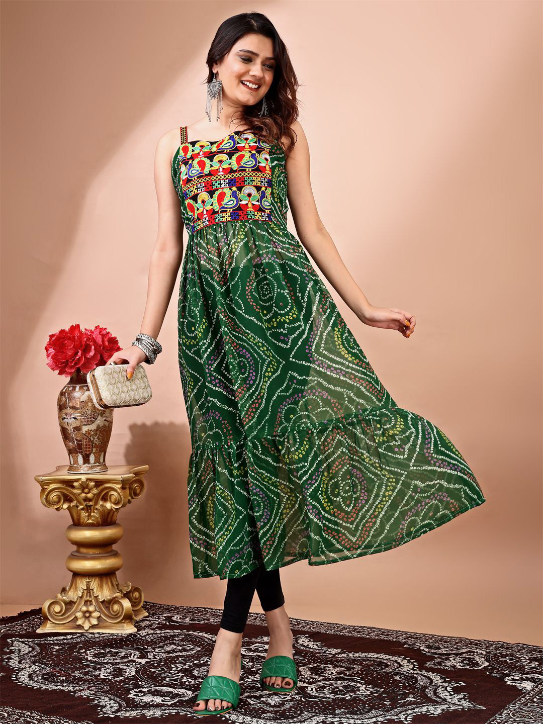 KALINI Bandhani Printed Square Neck Patchwork Georgette Anarkali Kurtas