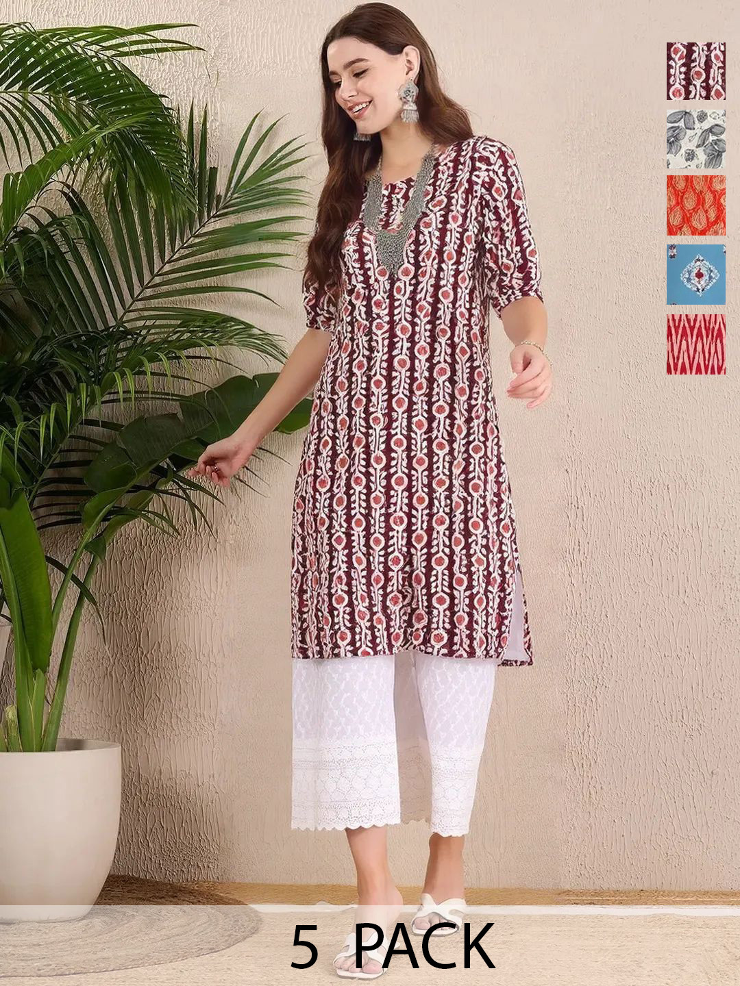 Ethnic basket Set Of 5 Ethnic Motifs Printed Round Neck A-Line Kurtas