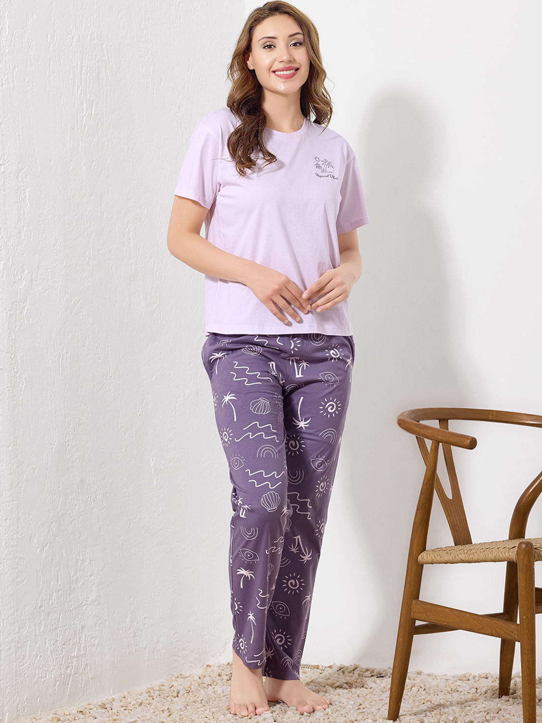 YOROKO Women Typography Printed Round Neck Top & Pyjama Set