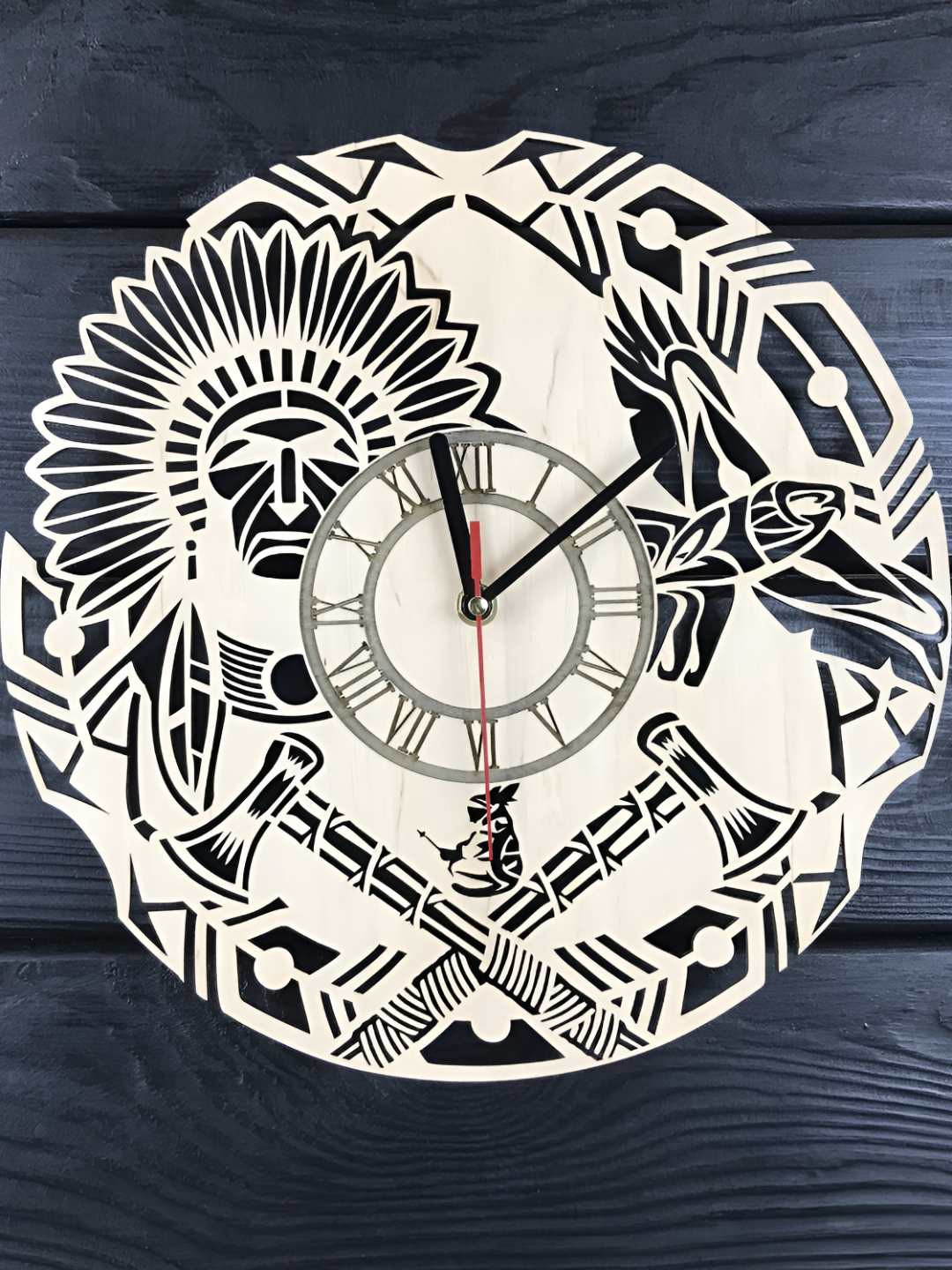 QEZNEF & Black Graphic Printed Analogue Traditional Wooden Wall Clock