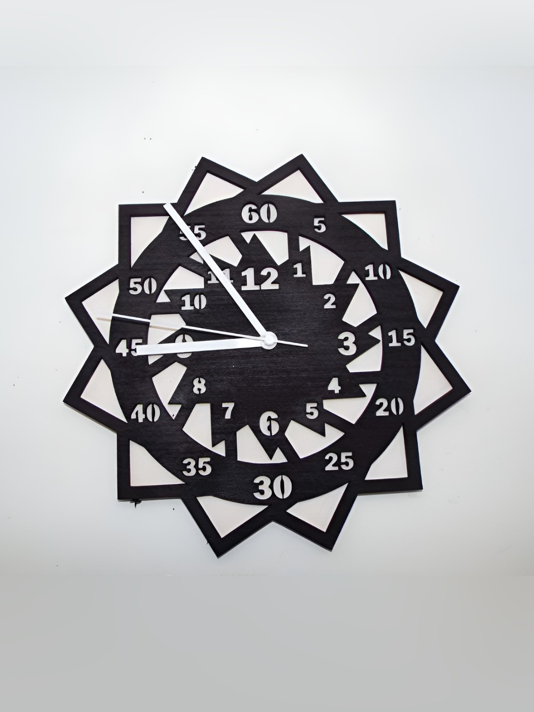 QEZNEF White And Black Geometric Round Wooden Analogue Wall Clock