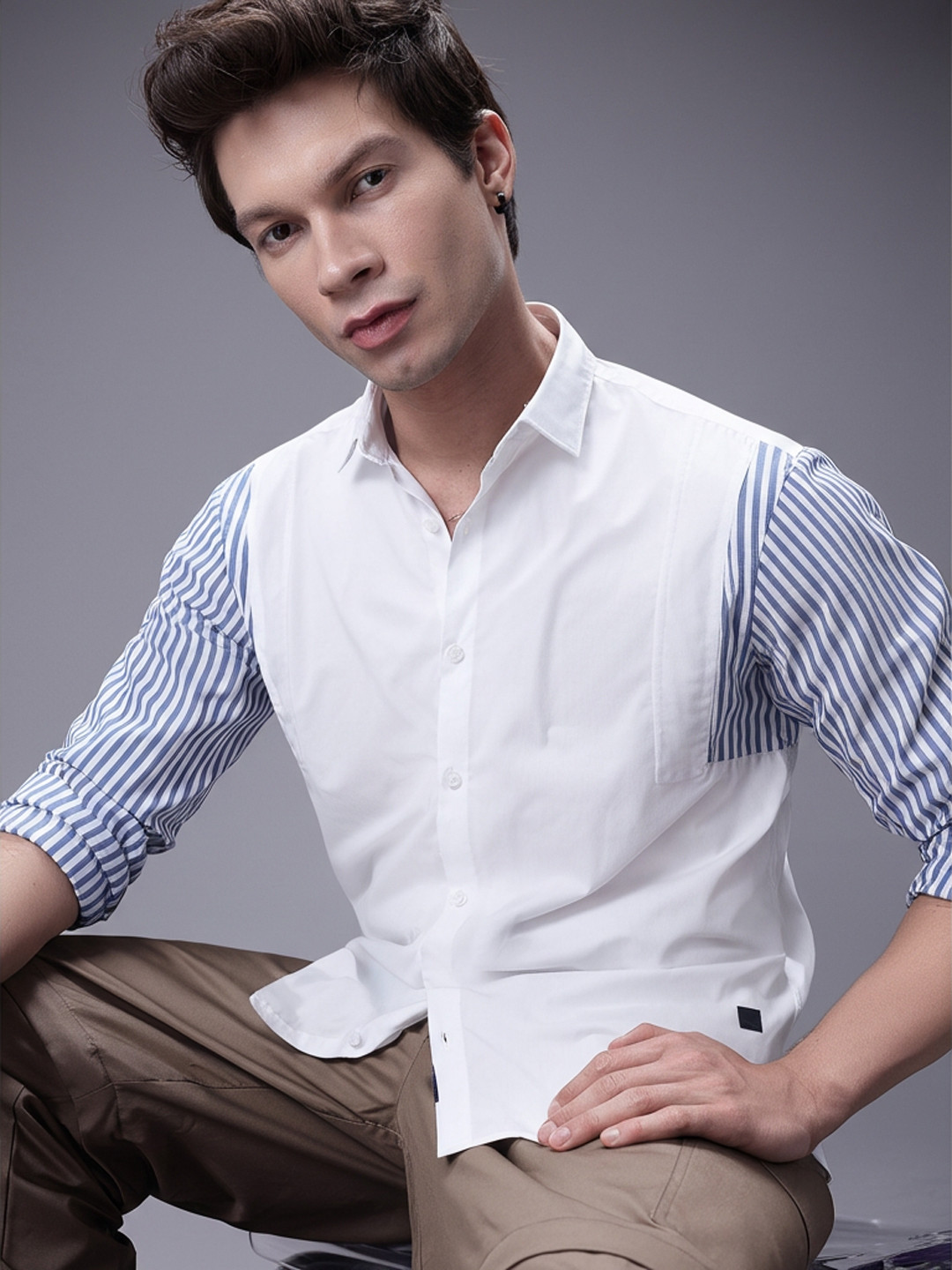 SOKO STREET Contrast Sleeves Striped Casual Shirt