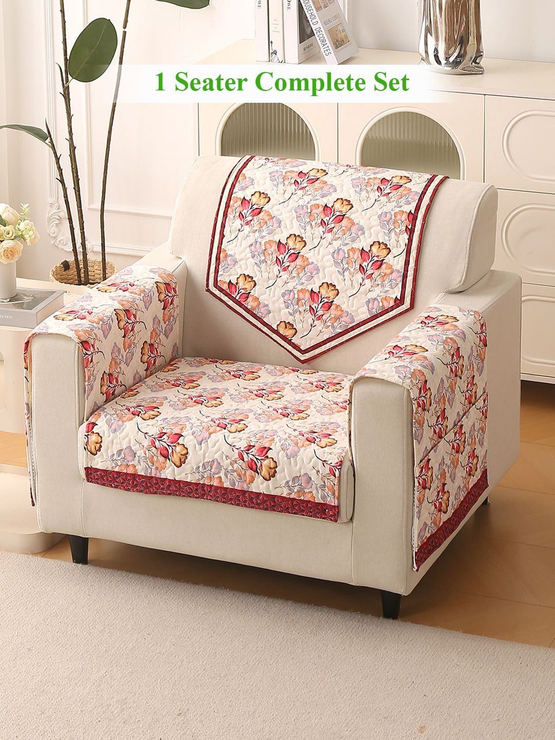 HOKIPO Florentina Series Autumn Cream 4 Pcs Holland Velvet 1 Seater Complete Sofa Covers