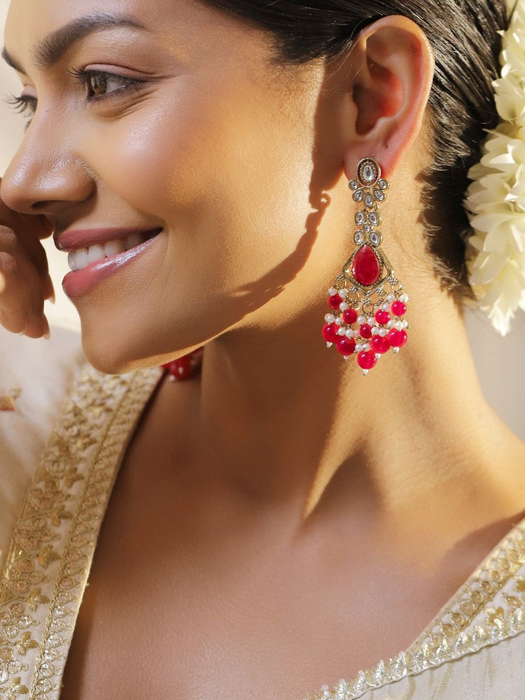 Rubans 22K Gold-Plated Ruby Red Beaded Kundan & Cubic Zirconia Studded Chandelier Earrings