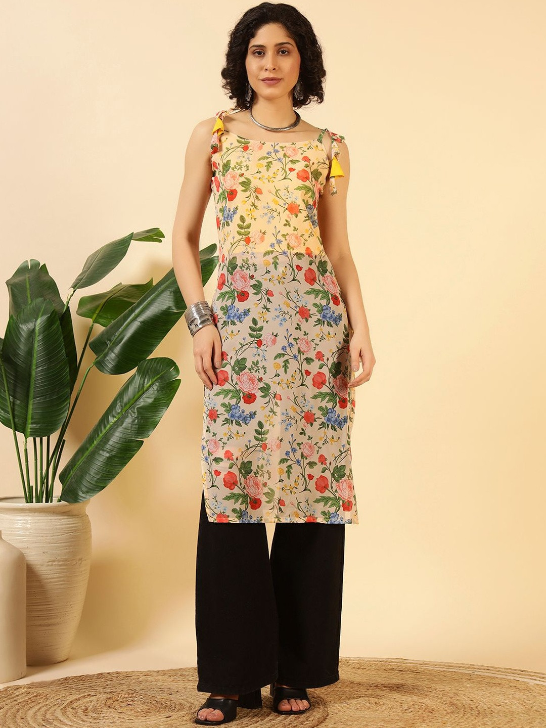 LIPS CROWN Floral Printed Square Neck Sleeveless Pure Georgette Straight Kurta