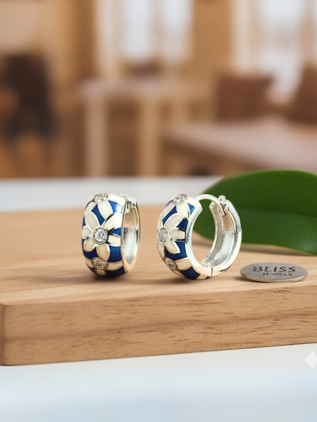 Nipura 925 Sterling Silver Floral Enamel Contemporary Half Hoop Earrings