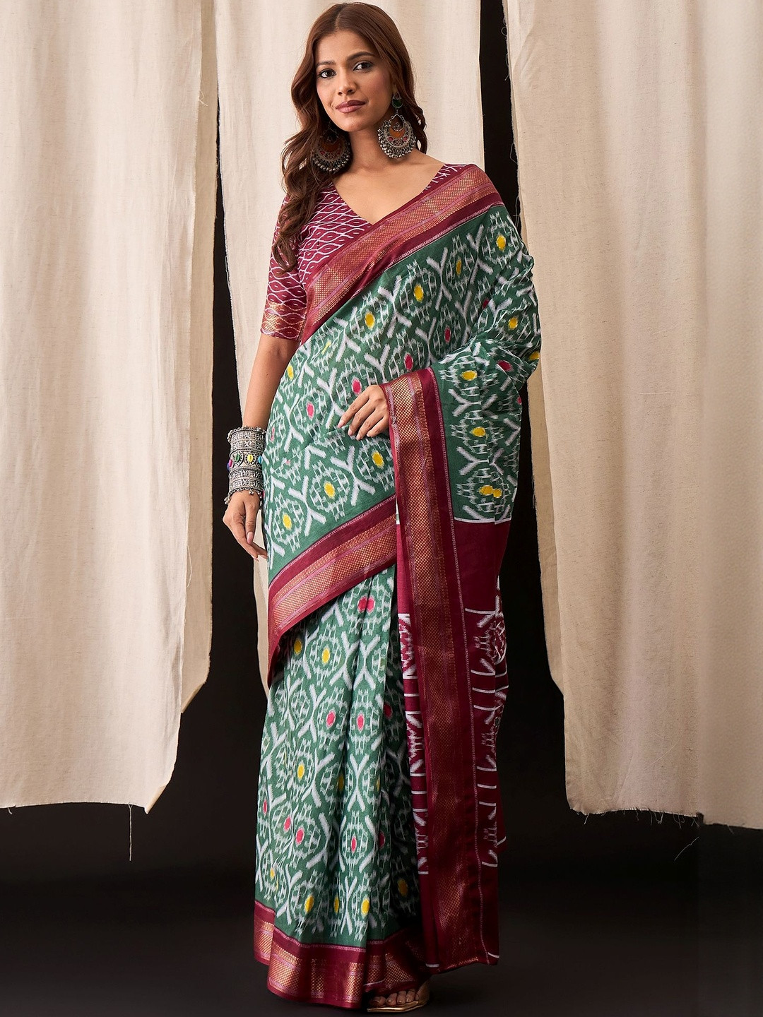 Munir Women Woven Design Pure Cotton Ikat Ready to Wear Saree with an Blouse Piece